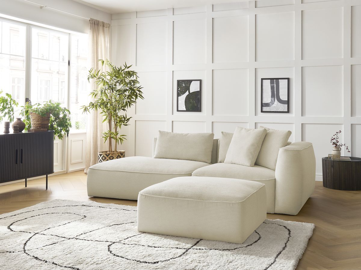 Bobochic Leopold Sofa 4-Sitzer mit Pouf Cordsamt Beige Armlehne rechts