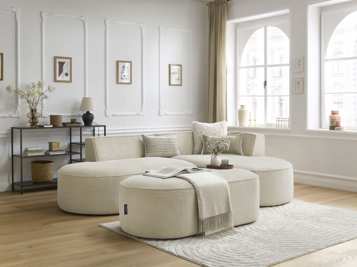 Bobochic Rousseau Ecksofa mit Pouf Cordsamt Beige Ecke rechts