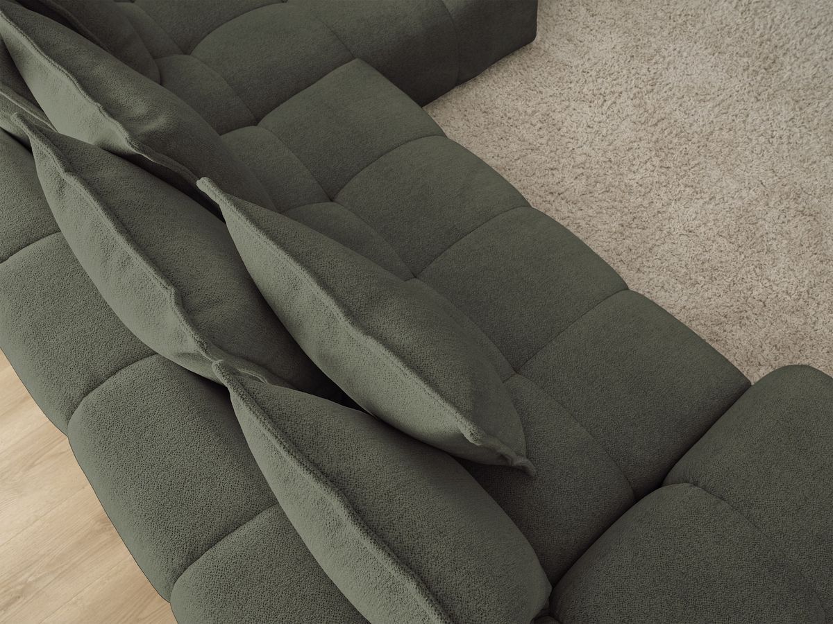 Bobochic Everest Ecksofa mit Schlaffunktion und Bettkasten 318 × 180 cm, 7 Kissen Melange-Stoff Grün Ecke rechts
