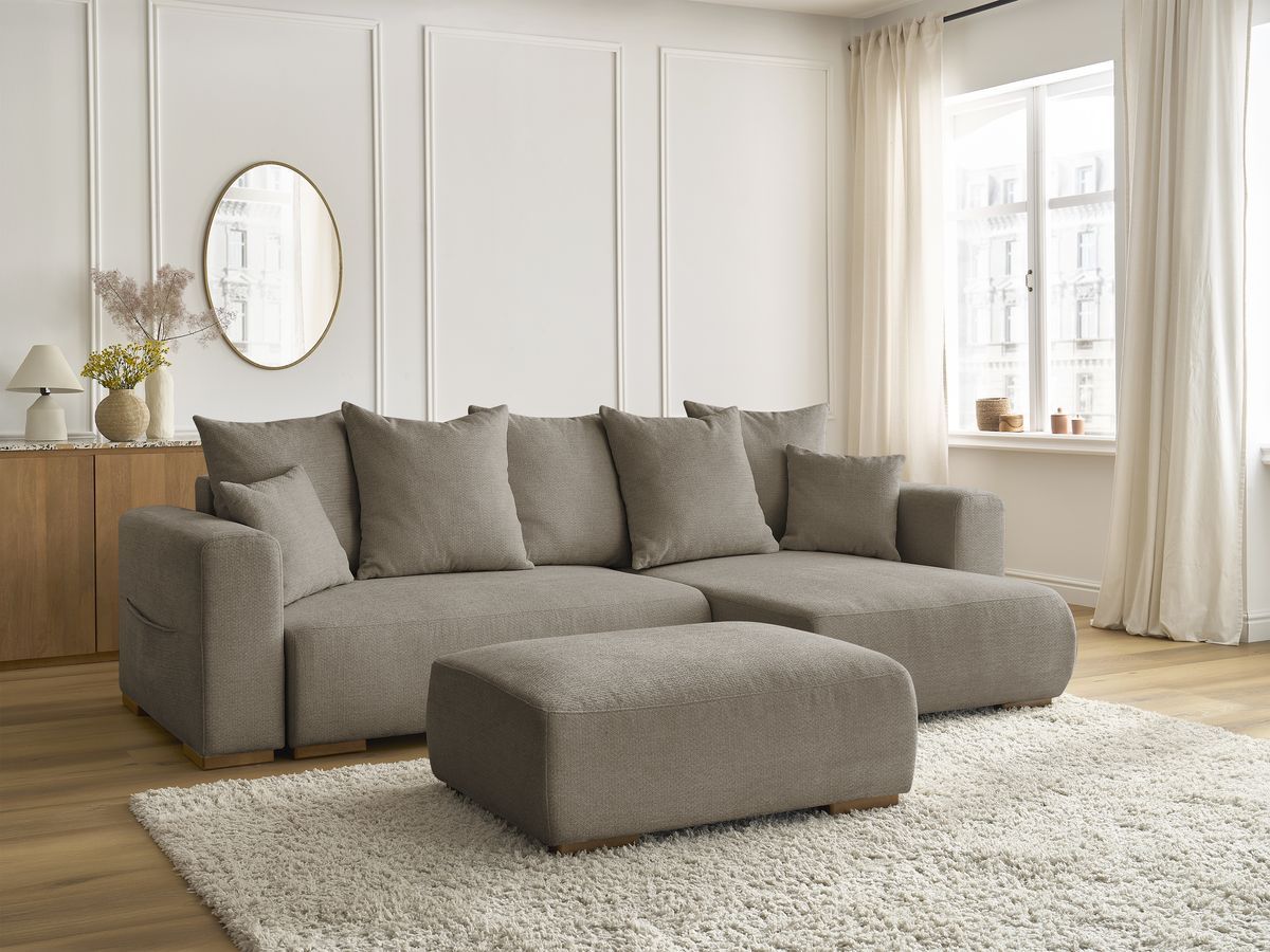 Bobochic Sidonie Ecksofa mit Schlaffunktion und Bettkasten und Pouf Melange-Stoff Taupe