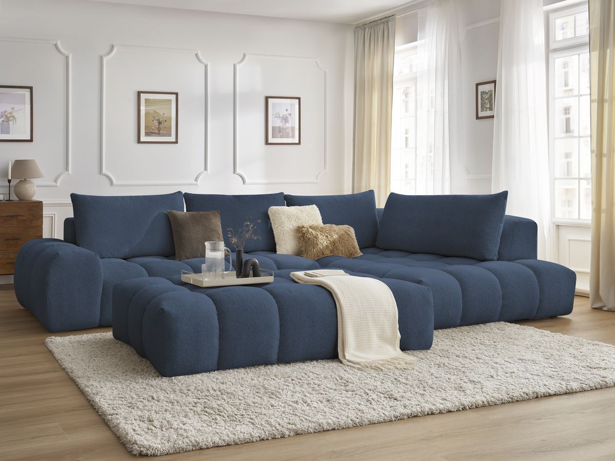 Bobochic Everest Ecksofa mit Schlaffunktion und Pouf, 4 Kissen Melange-Stoff Dunkelblau Ecke rechts
