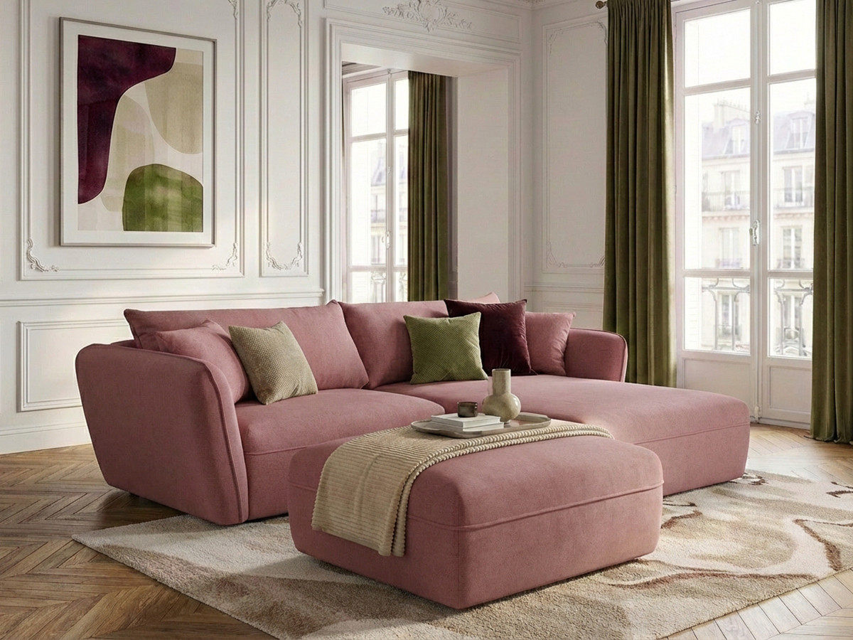 Bobochic Luigi Ecksofa mit Pouf Strukturstoff Rosa Ecke rechts