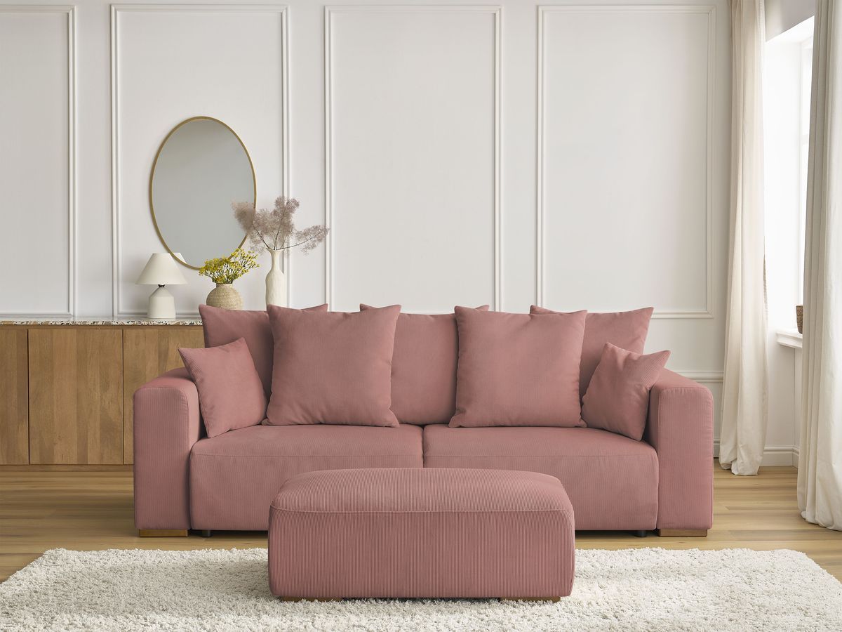 Bobochic Sidonie Schlafsofa 4-Sitzer mit Bettkasten und Pouf Cordsamt Rosa
