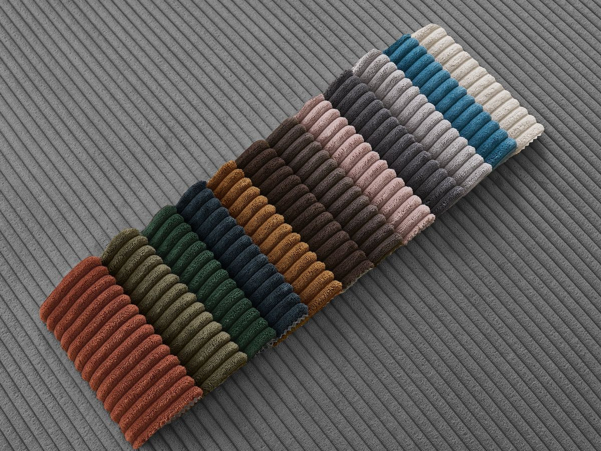 Bobochic Atilla Ecksofa mit Schlaffunktion und Bettkasten und Pouf Cordsamt Dunkelgrau Ecke links