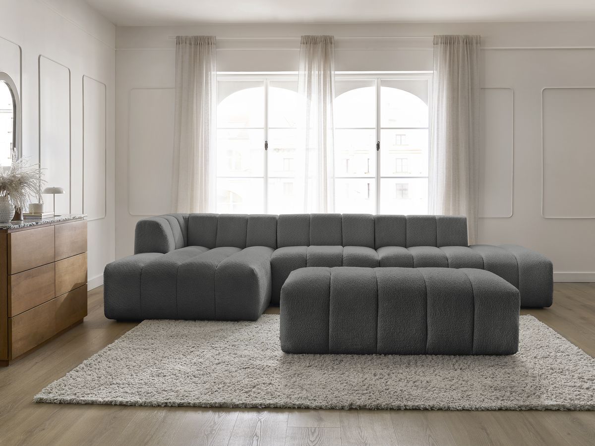 Bobochic Annecy Ecksofa mit Sofamodul und Pouf Bouclé-Stoff Dunkelgrau Ecke links