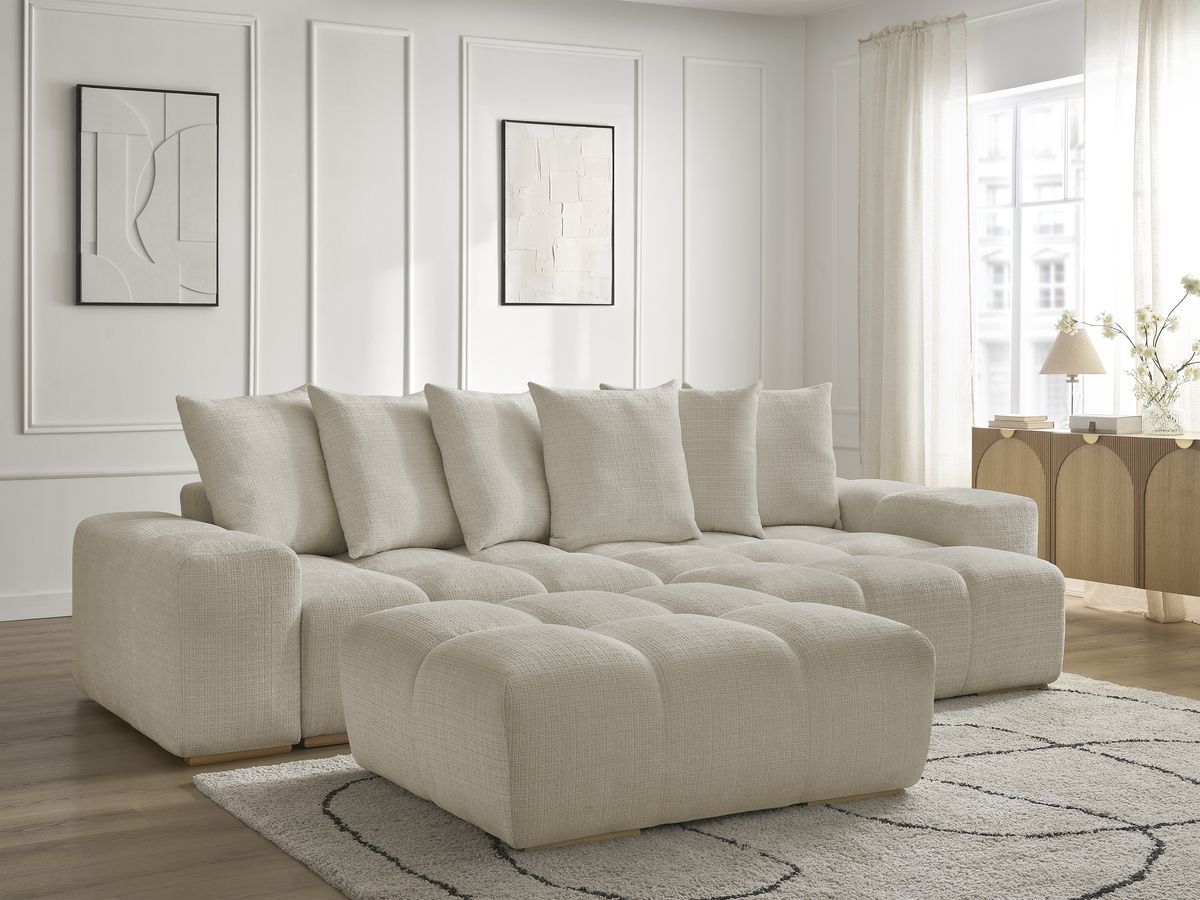 Bobochic Anakin Ecksofa mit Pouf, 6 Kissen Strukturstoff Beige