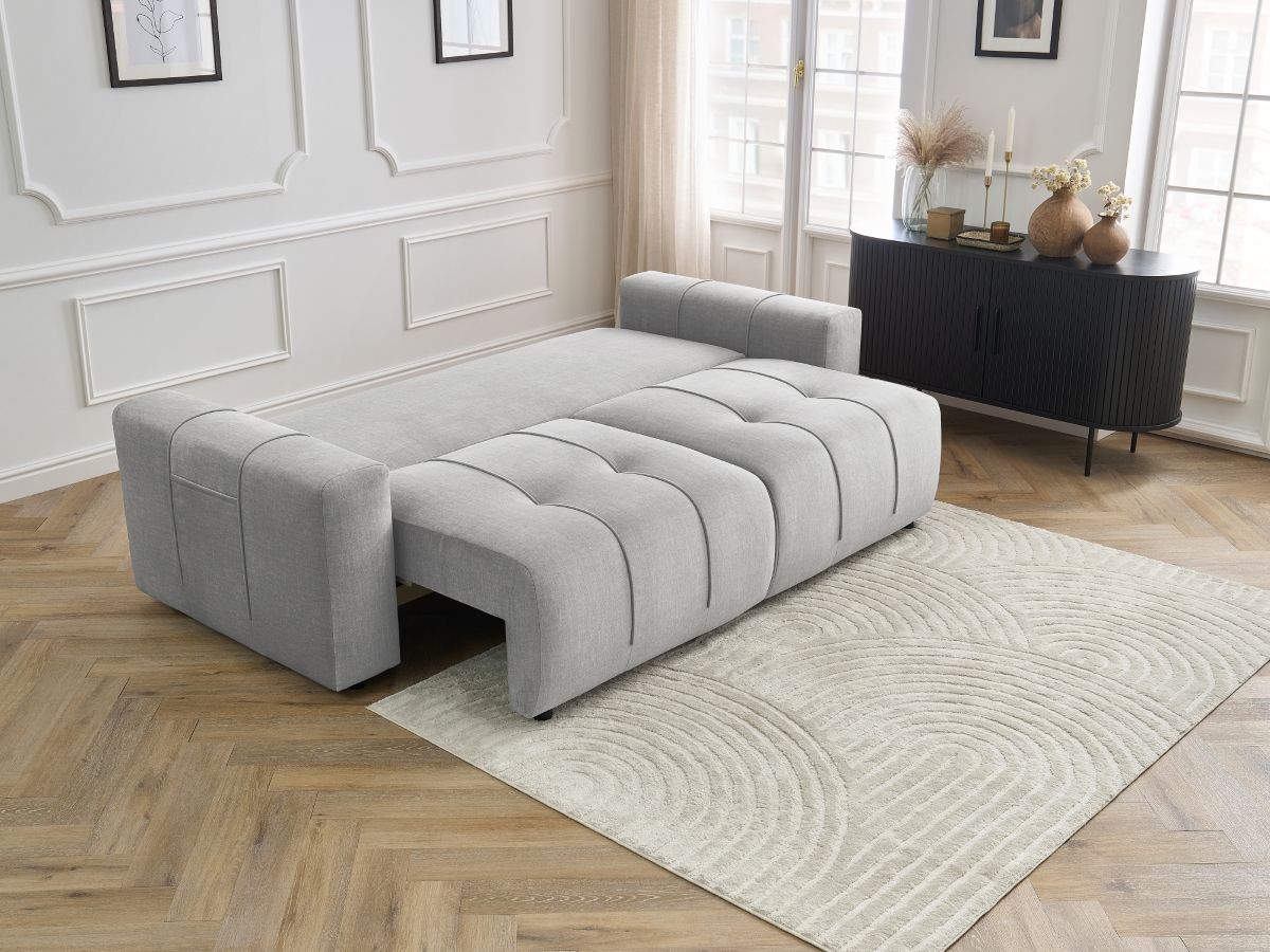 Bobochic Arsene Schlafsofa 3-Sitzer mit Bettkasten Samt Hellgrau