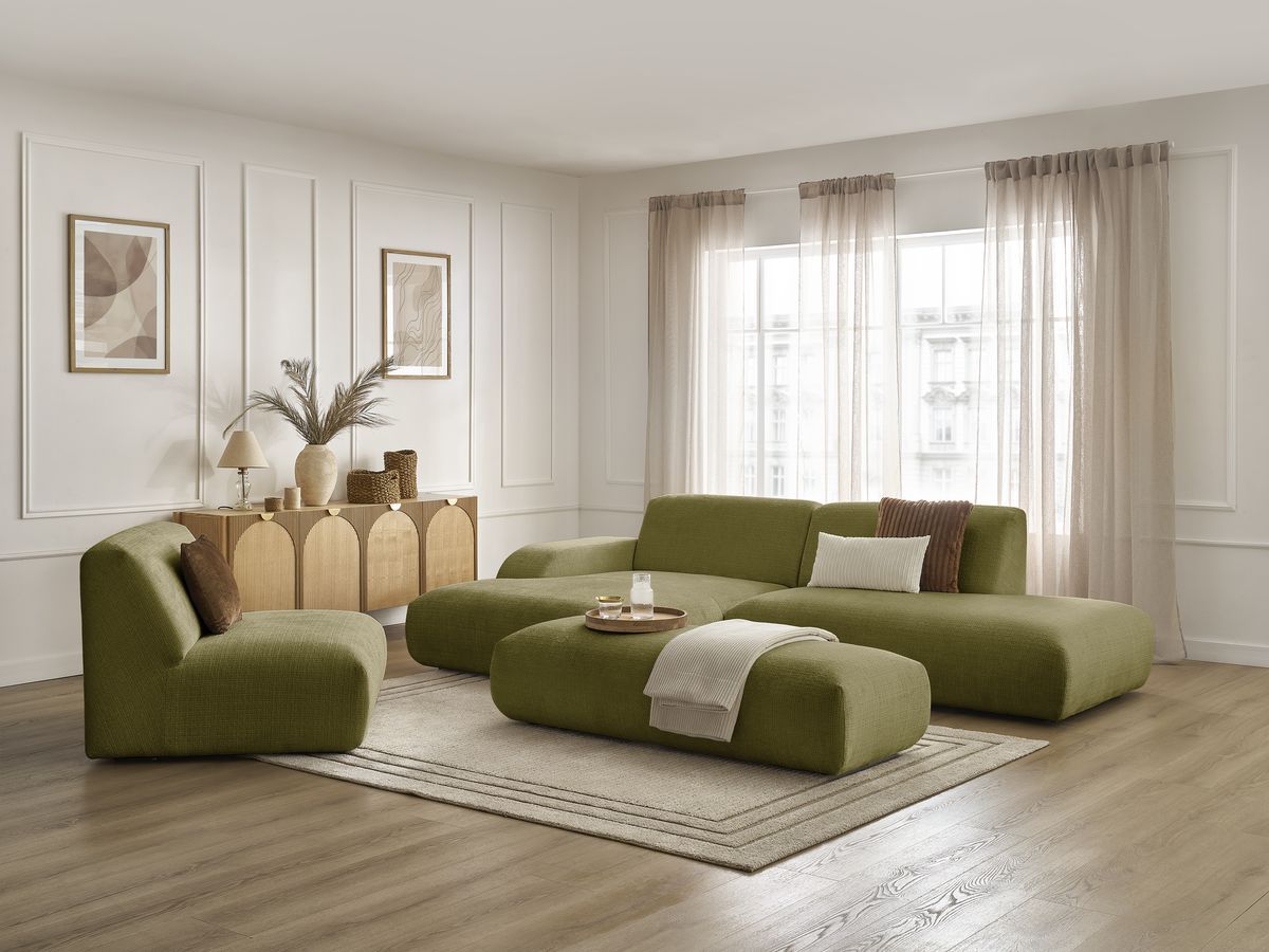 Bobochic Sirius Ecksofa mit Pouf 405 × 170 cm Strukturstoff Grün Ecke links