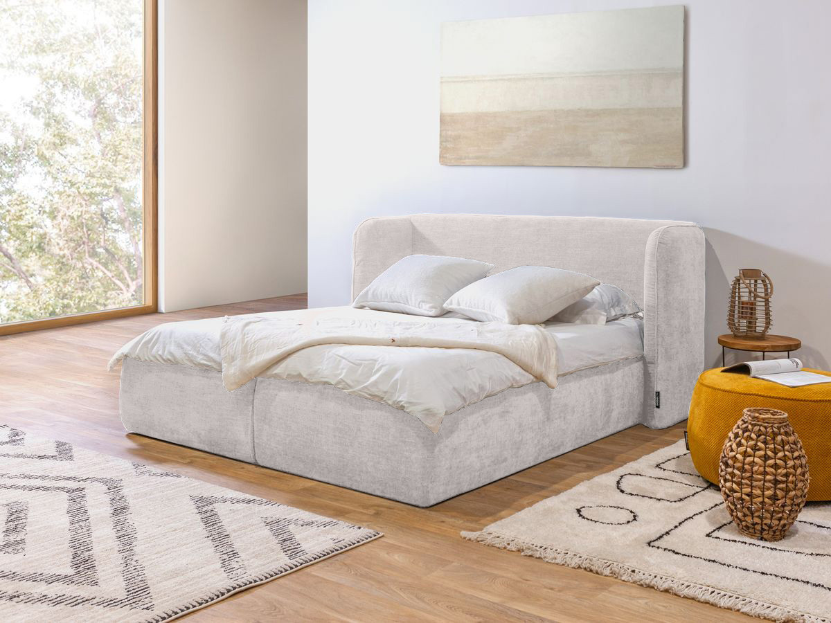 Bobochic Louise Polsterbett mit Bettkasten Stoff Beige, Liegefläche 160 × 200 cm