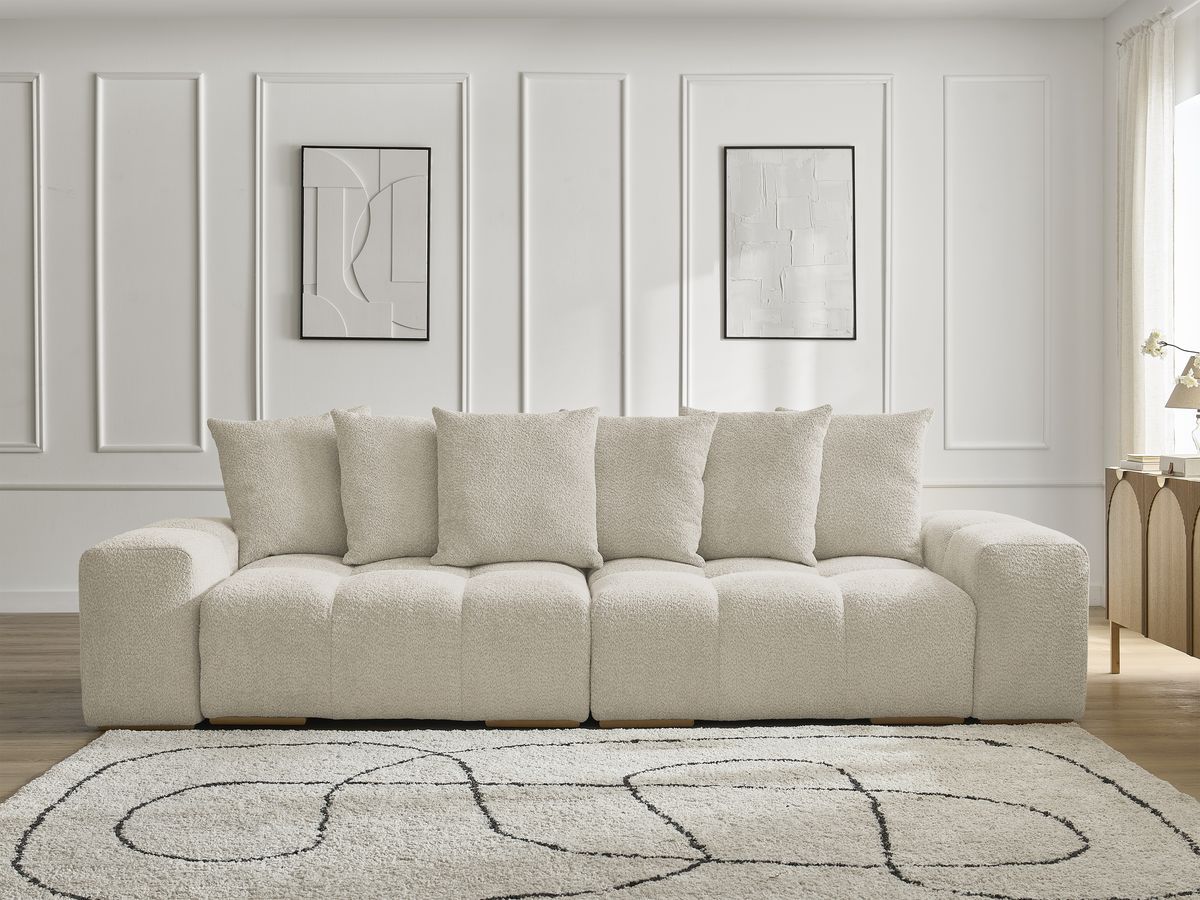 Bobochic Anakin Sofa 3-Sitzer, 6 Kissen Bouclé-Stoff Beige