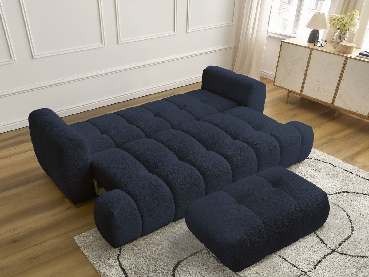 Bobochic Fuji Schlafsofa 3-Sitzer mit Bettkasten und Pouf Bouclé-Stoff Dunkelblau