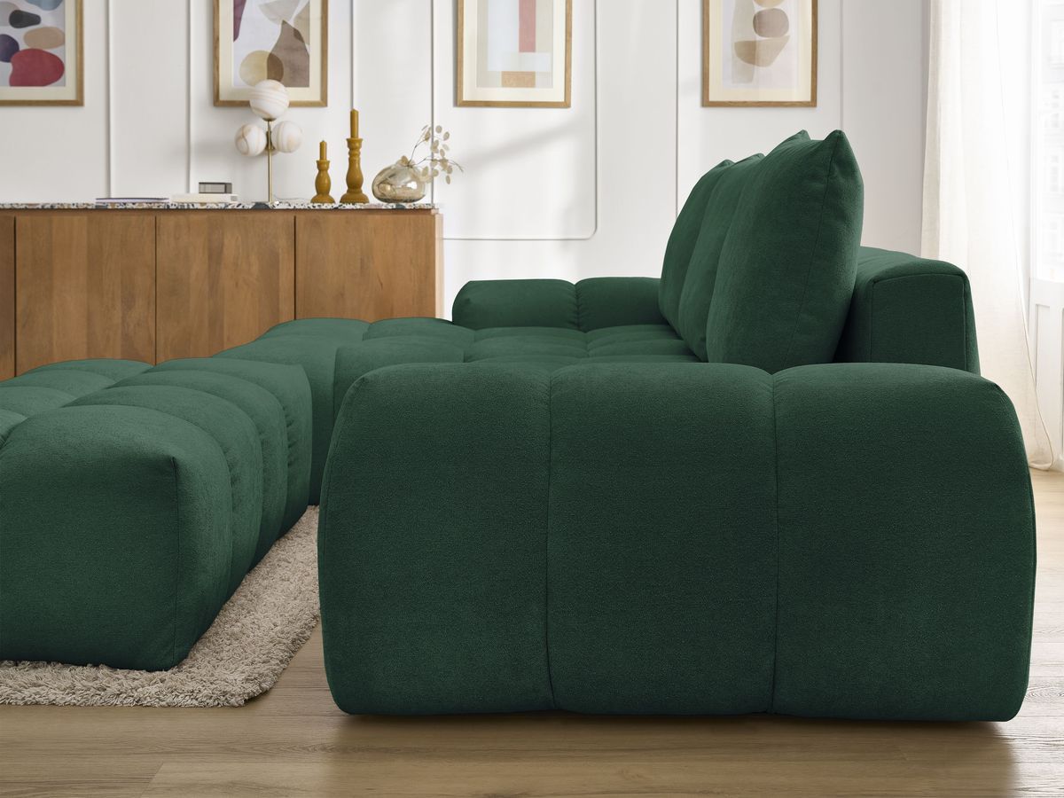 Bobochic Everest Ecksofa mit Schlaffunktion und Bettkasten und Pouf 318 × 180 cm, 3 Kissen Strukturstoff Grün Ecke links