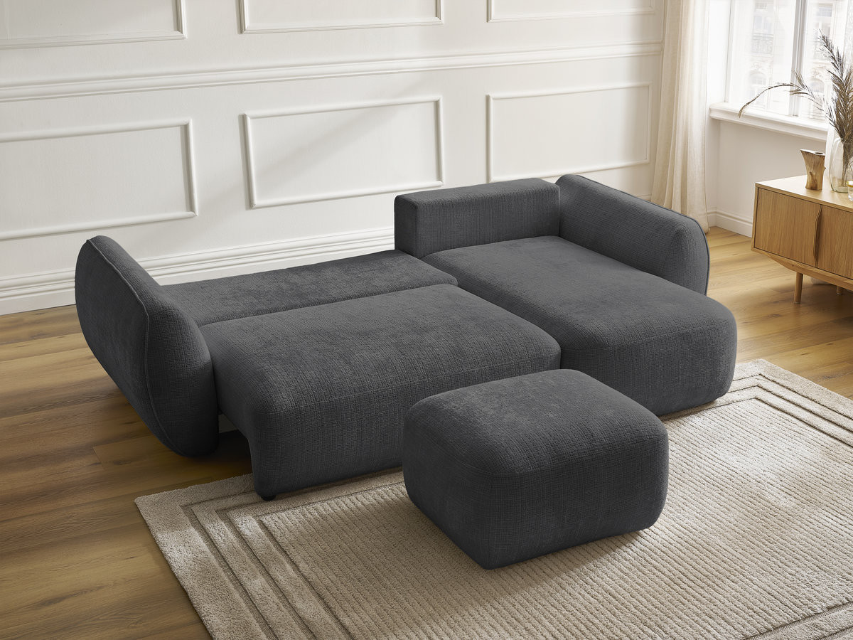 Bobochic Denise Ecksofa mit Schlaffunktion und Bettkasten und Pouf 258 × 160 cm Strukturstoff Schwarz Ecke rechts