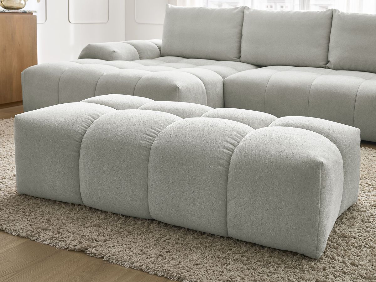 Bobochic Everest Ecksofa mit Schlaffunktion und Bettkasten und Pouf 318 × 180 cm, 3 Kissen Strukturstoff Hellgrau Ecke links
