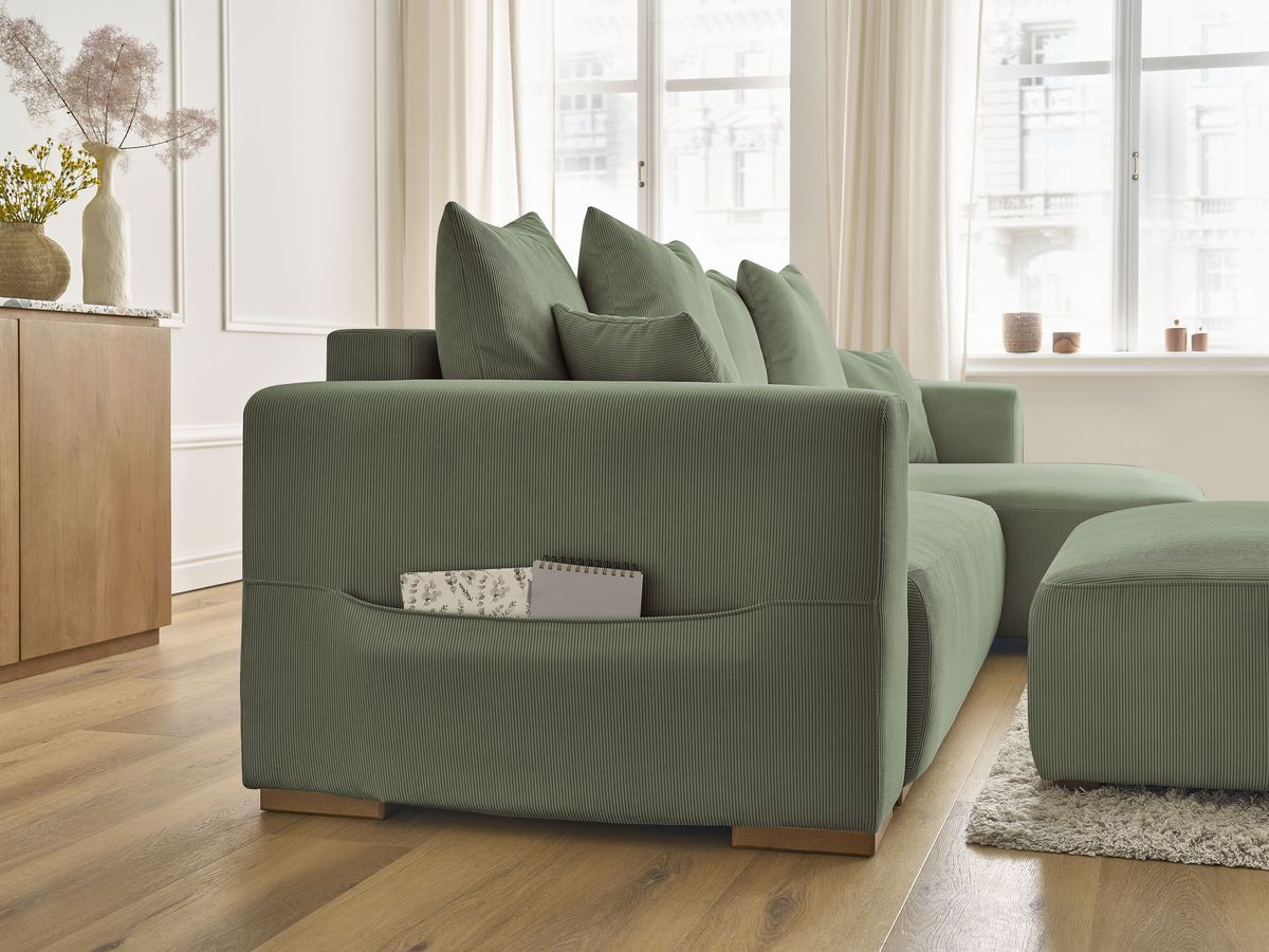 Bobochic Sidonie Ecksofa mit Schlaffunktion und Bettkasten und Pouf Cordsamt Grün