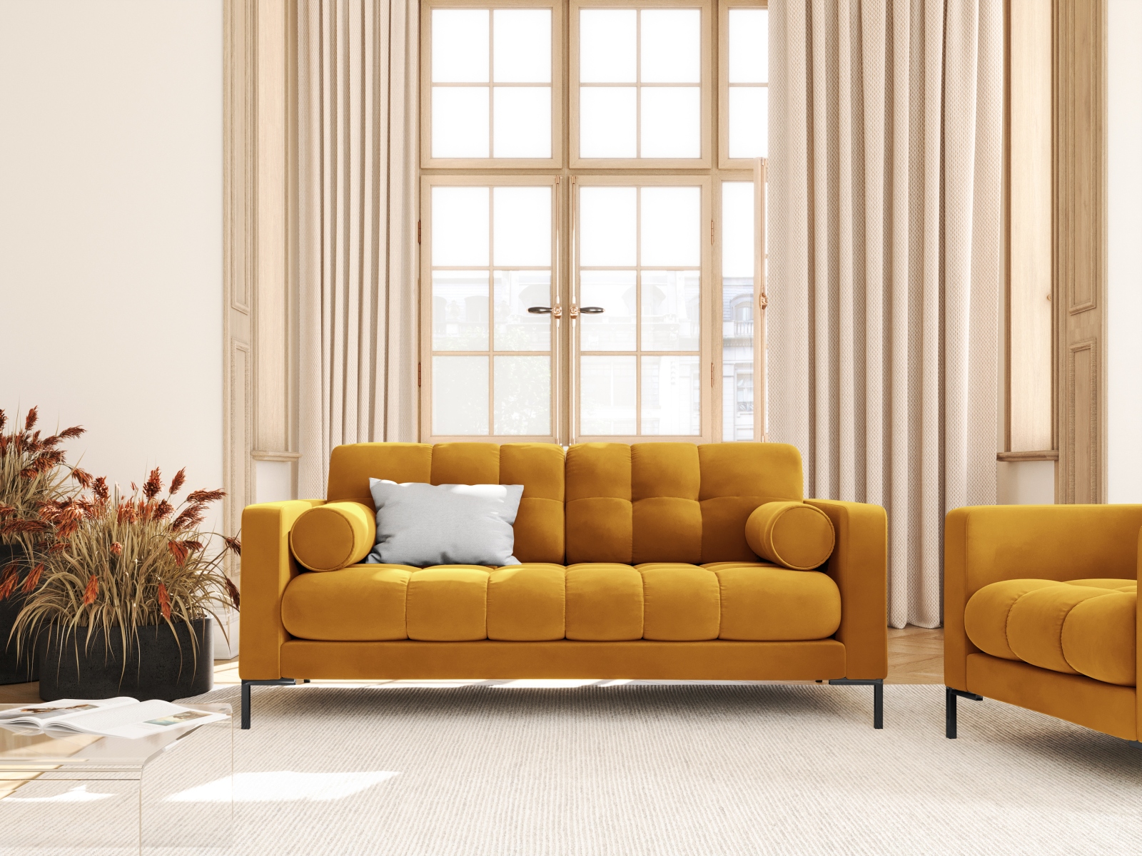 Cosmopolitan Design Sofa Bali 2-Sitzer Samt Bluvel Gelb Beine Schwarzes Metall