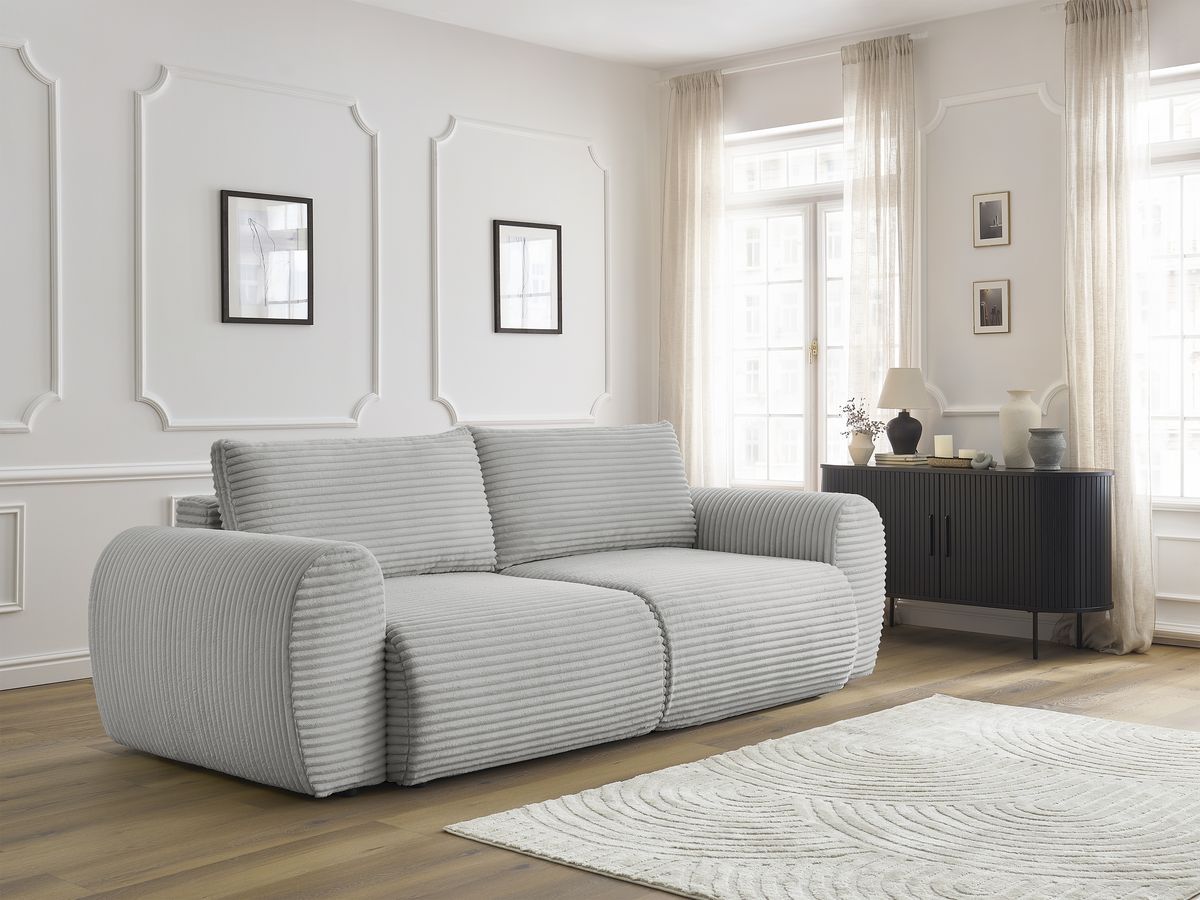 Bobochic Lucien Schlafsofa 3-Sitzer mit Bettkasten Breitcord weich Hellgrau