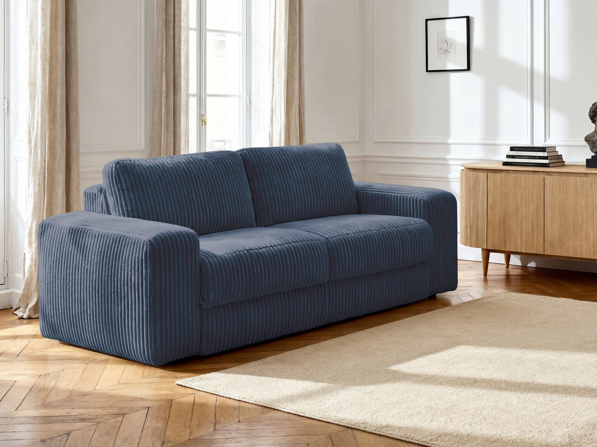 Bobochic Ibiza Schlafsofa 3-Sitzer Cordsamt Dunkelblau, Liegefläche 140 × 196 cm