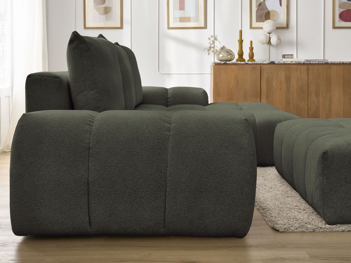 Bobochic Everest Ecksofa mit Schlaffunktion und Bettkasten und Pouf 318 × 180 cm, 3 Kissen Melange-Stoff Grün Ecke rechts