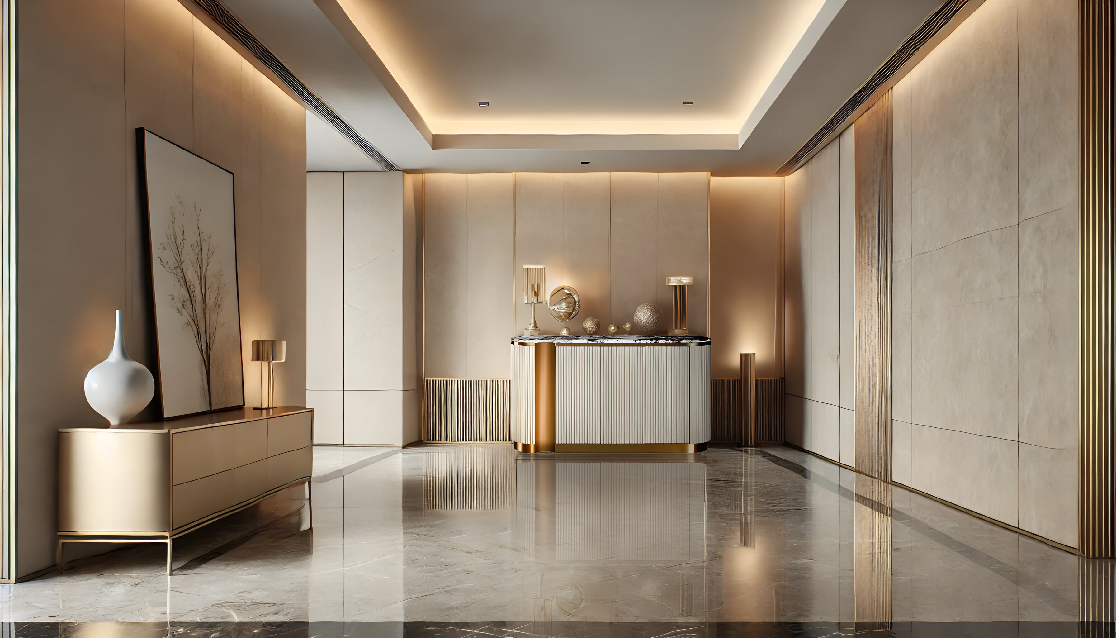 Livin Hill Kommode Stilig Helles Creme, goldene Basis mit dunklem Marmor ST917B