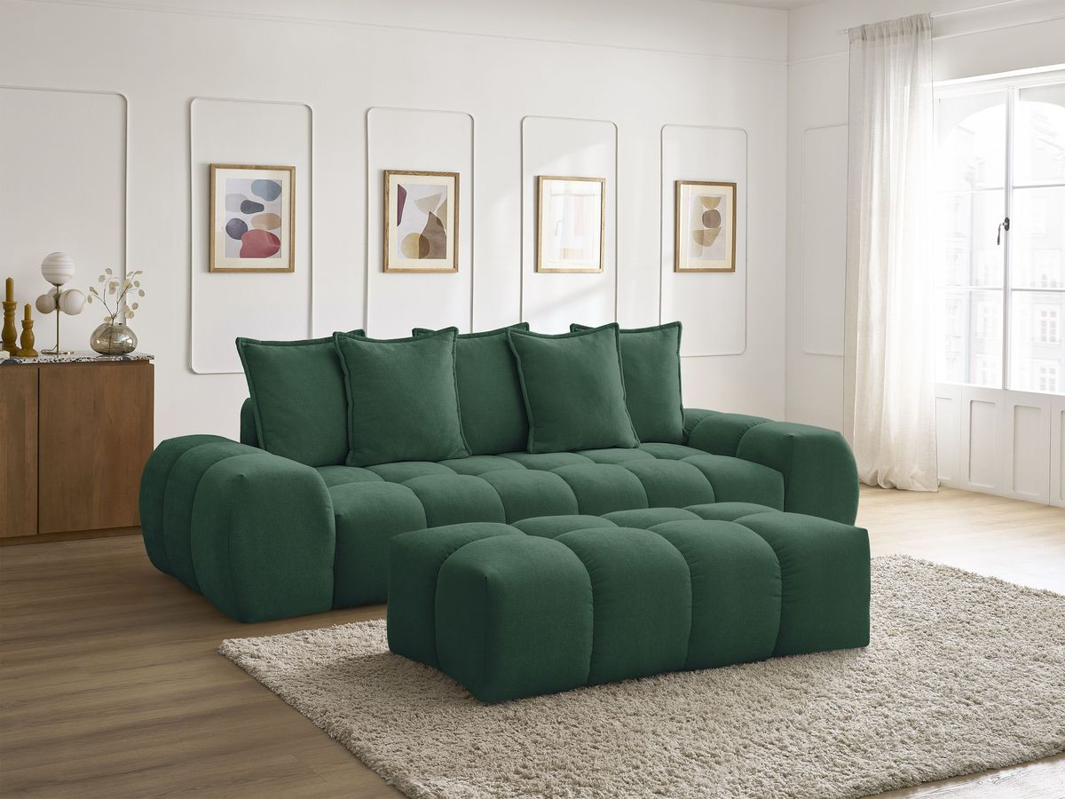 Bobochic Everest Schlafsofa 3-Sitzer mit Bettkasten und Pouf, 5 Kissen Strukturstoff Grün