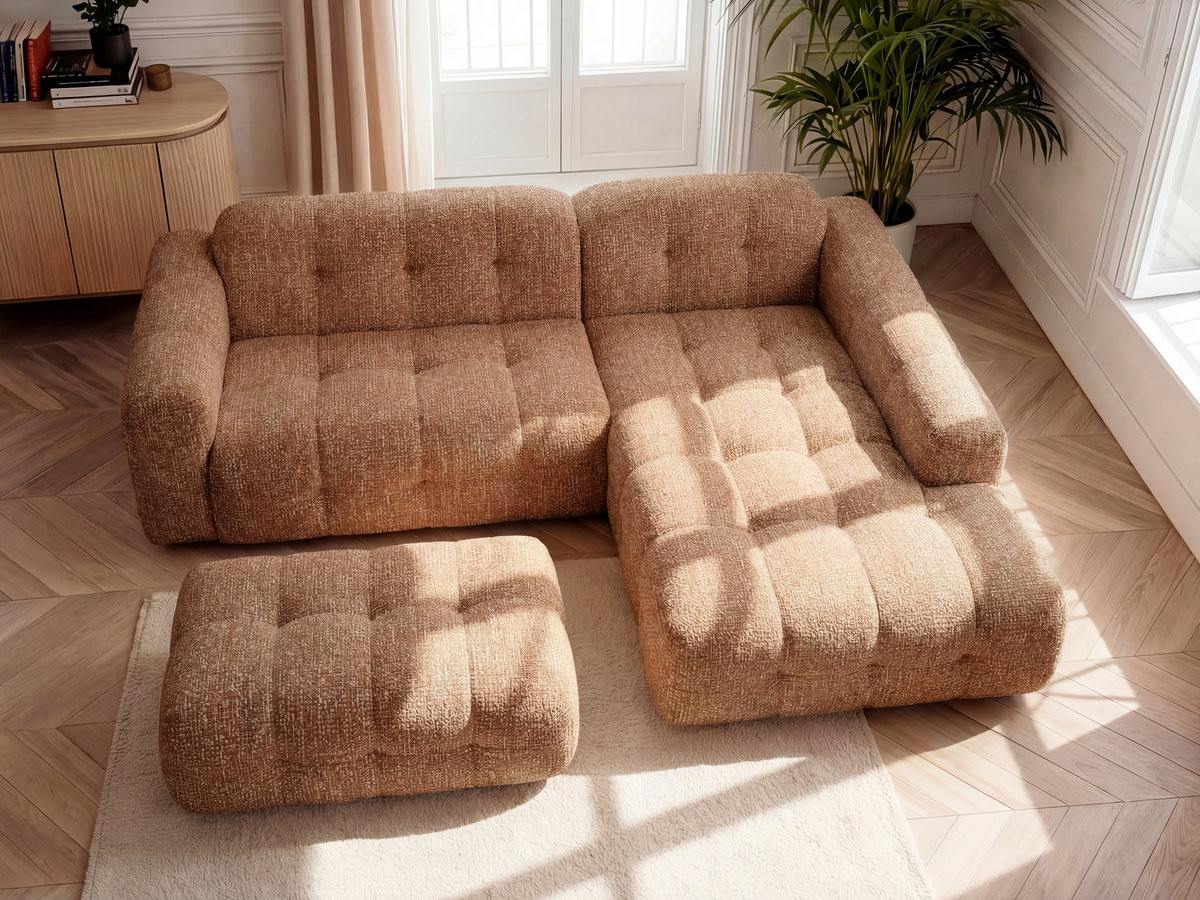Bobochic Laura Ecksofa mit großem Pouf Melange-Stoff Orange Ecke rechts