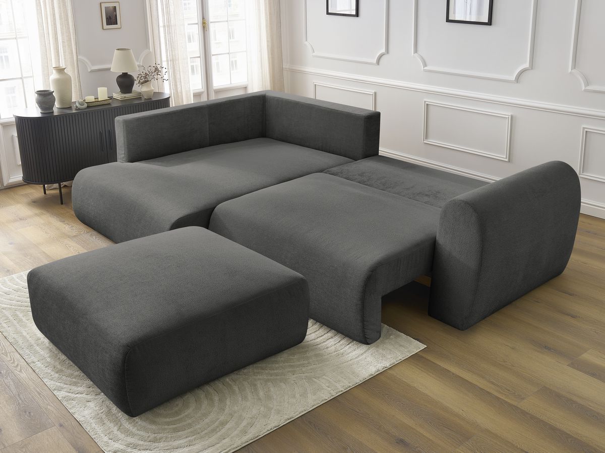 Bobochic Lucien Ecksofa mit Schlaffunktion und Bettkasten und Pouf 296 × 198 cm Stoff Dunkelgrau Ecke links