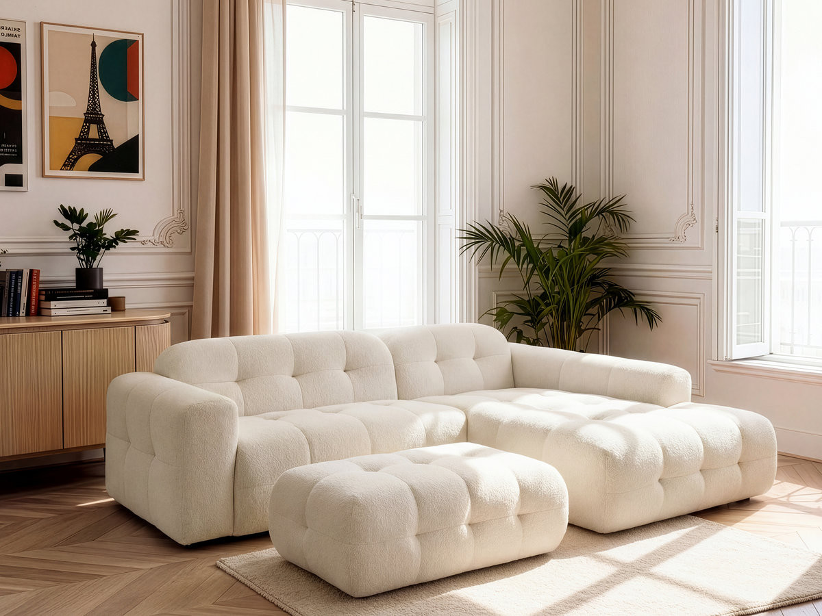 Bobochic Laura Ecksofa mit großem Pouf Melange-Stoff Beige Ecke rechts