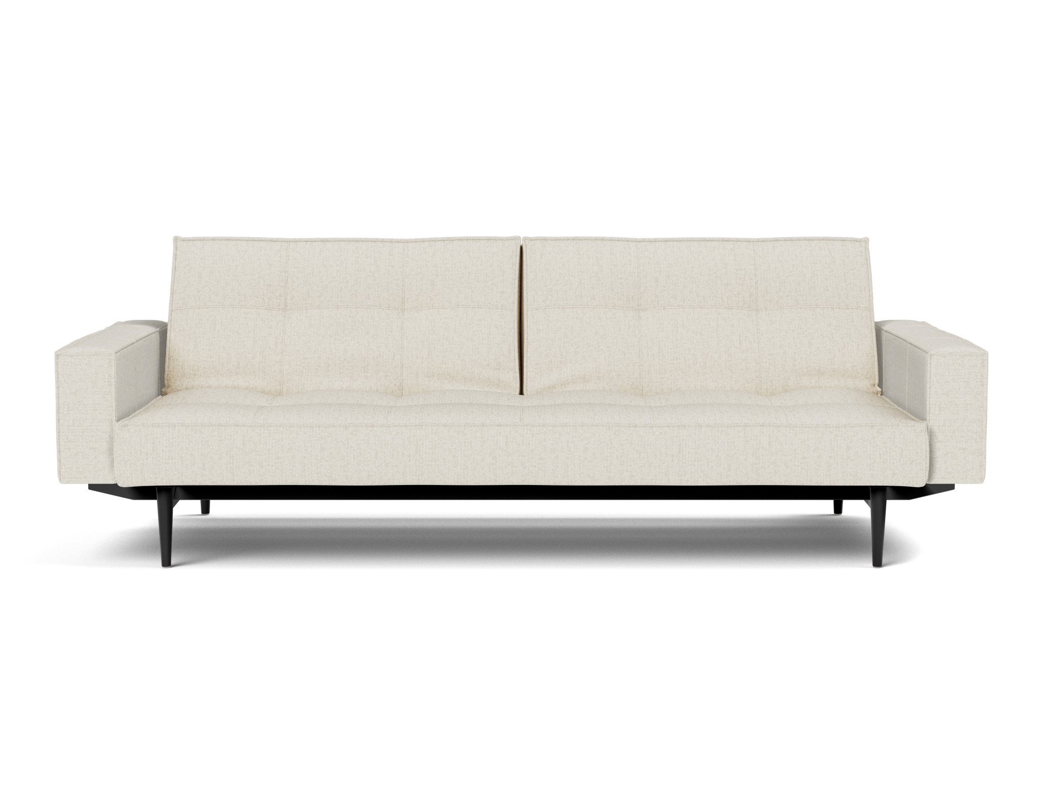Schlafsofa Splitback mit Armlehnen Boucle Skandi 531-Off-White Beine Styletto Eiche schwarz