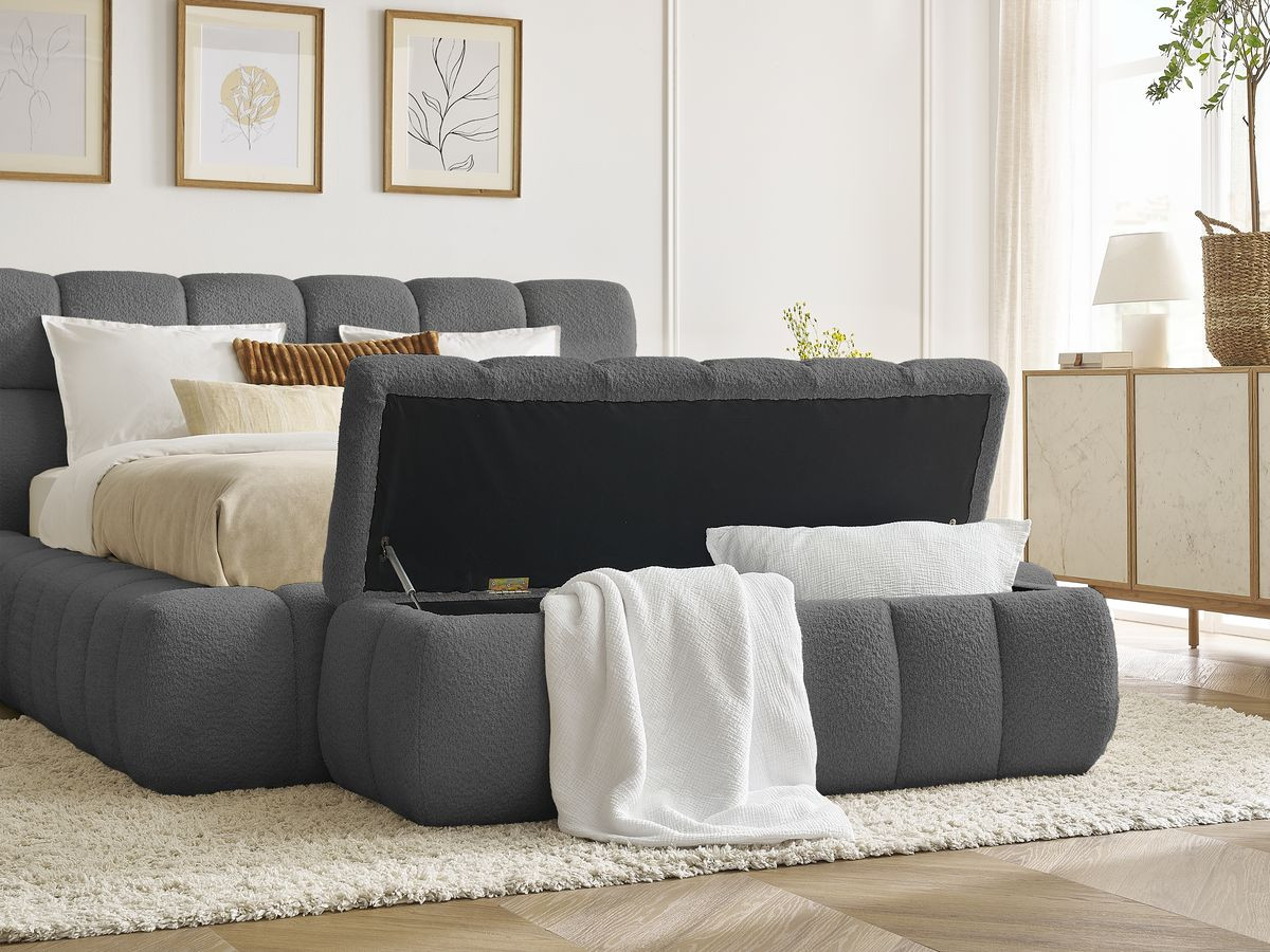 Bobochic Mont-blanc Polsterbett mit Bettkasten mit Bettbank Bouclé-Stoff Dunkelgrau, Liegefläche 140 × 190 cm