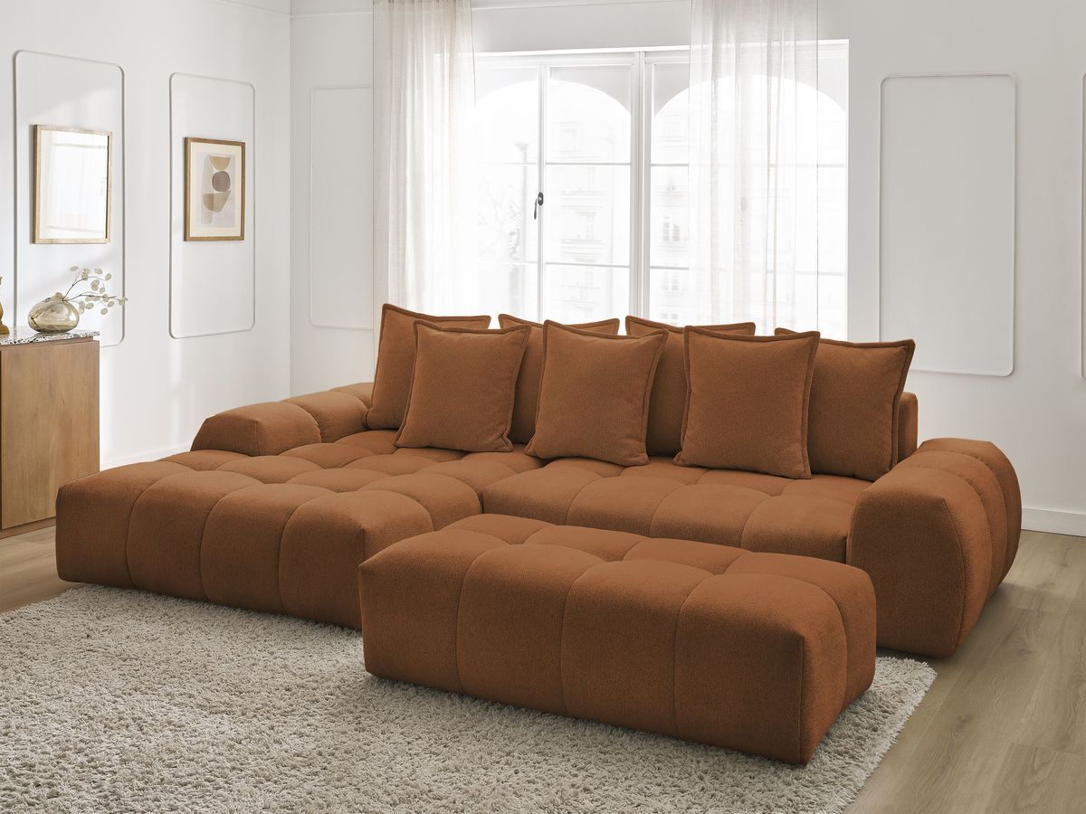 Bobochic Everest Ecksofa mit Schlaffunktion und Bettkasten und Pouf 318 × 180 cm, 7 Kissen Melange-Stoff Orange Ecke links