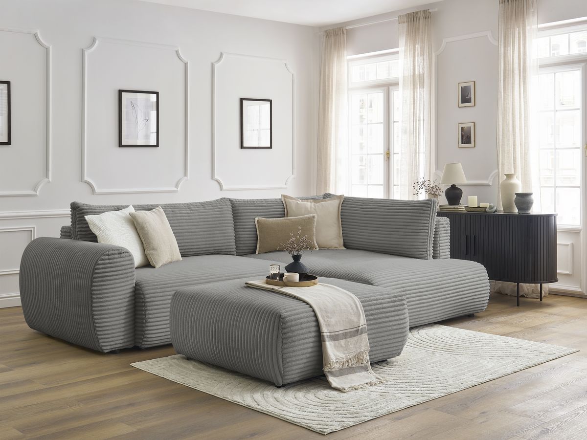 Bobochic Lucien Ecksofa mit Schlaffunktion und Bettkasten und Pouf 296 × 198 cm Breitcord weich Dunkelgrau Ecke rechts