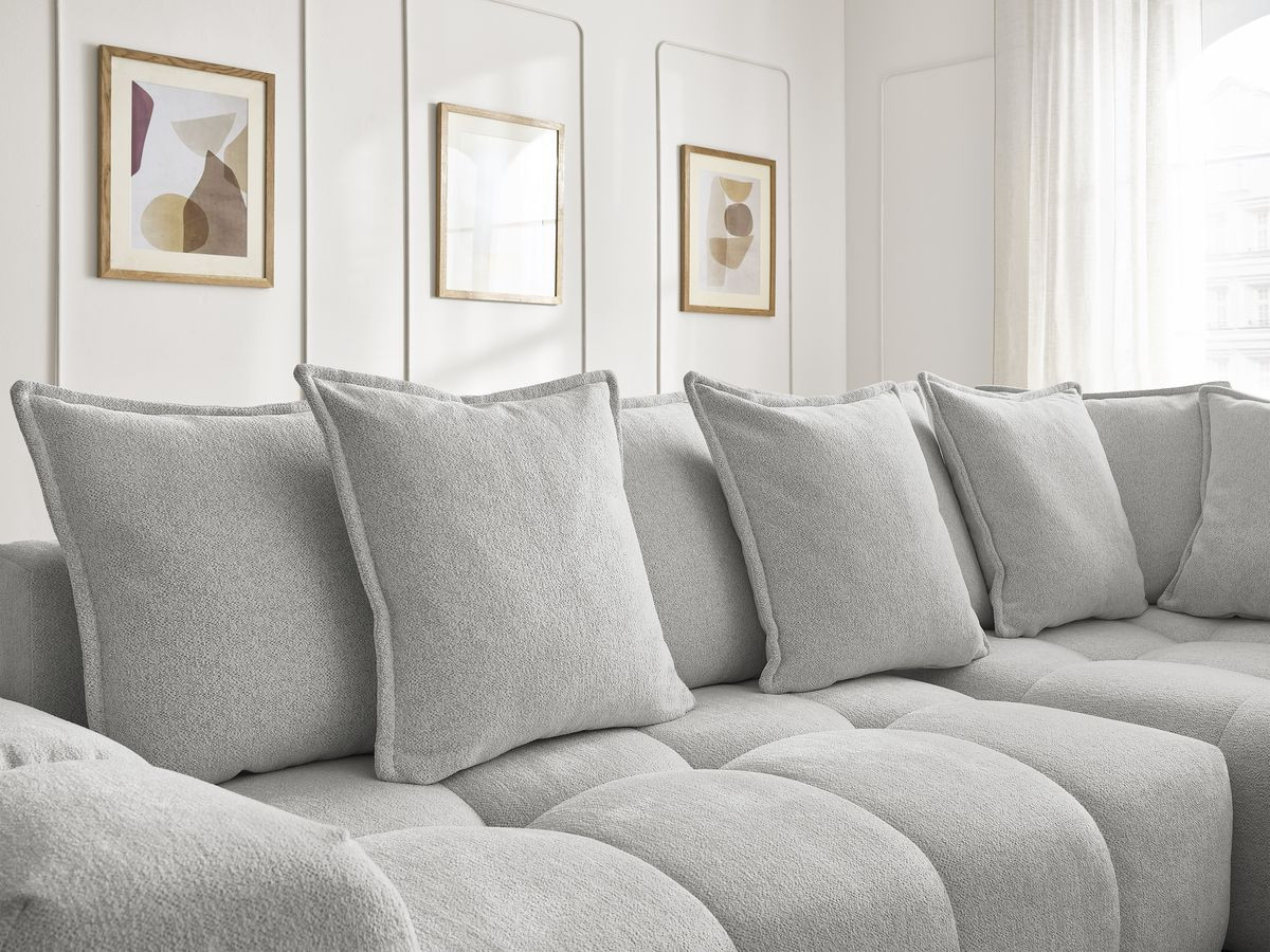 Bobochic Everest Ecksofa mit Schlaffunktion und Bettkasten und Pouf 320 × 212 cm, 10 Kissen Melange-Stoff Hellgrau Ecke rechts