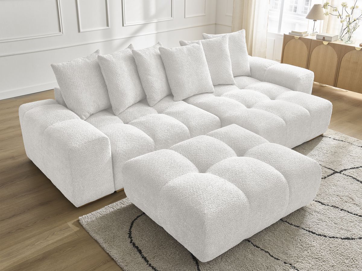 Bobochic Anakin Ecksofa mit Pouf, 6 Kissen Bouclé-Stoff Weiß