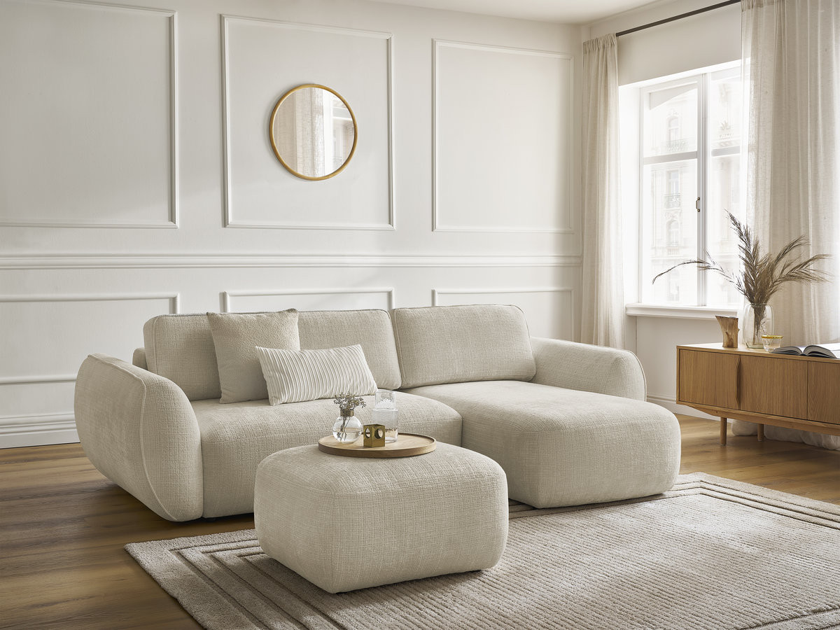 Bobochic Denise Ecksofa mit Schlaffunktion und Bettkasten und Pouf 258 × 160 cm Strukturstoff Beige Ecke rechts