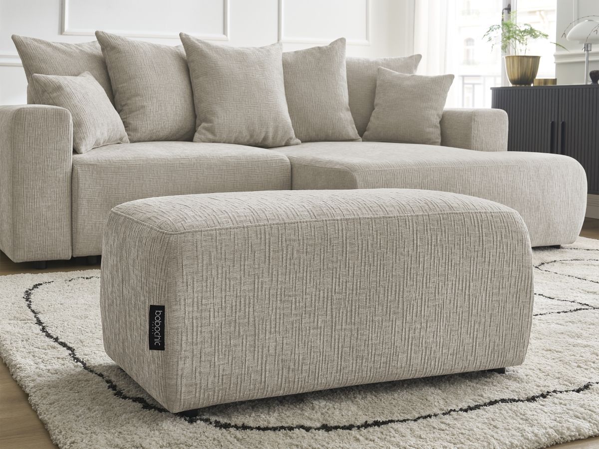 Bobochic Atilla Ecksofa mit Schlaffunktion und Bettkasten und Pouf Strukturstoff Beige Ecke rechts