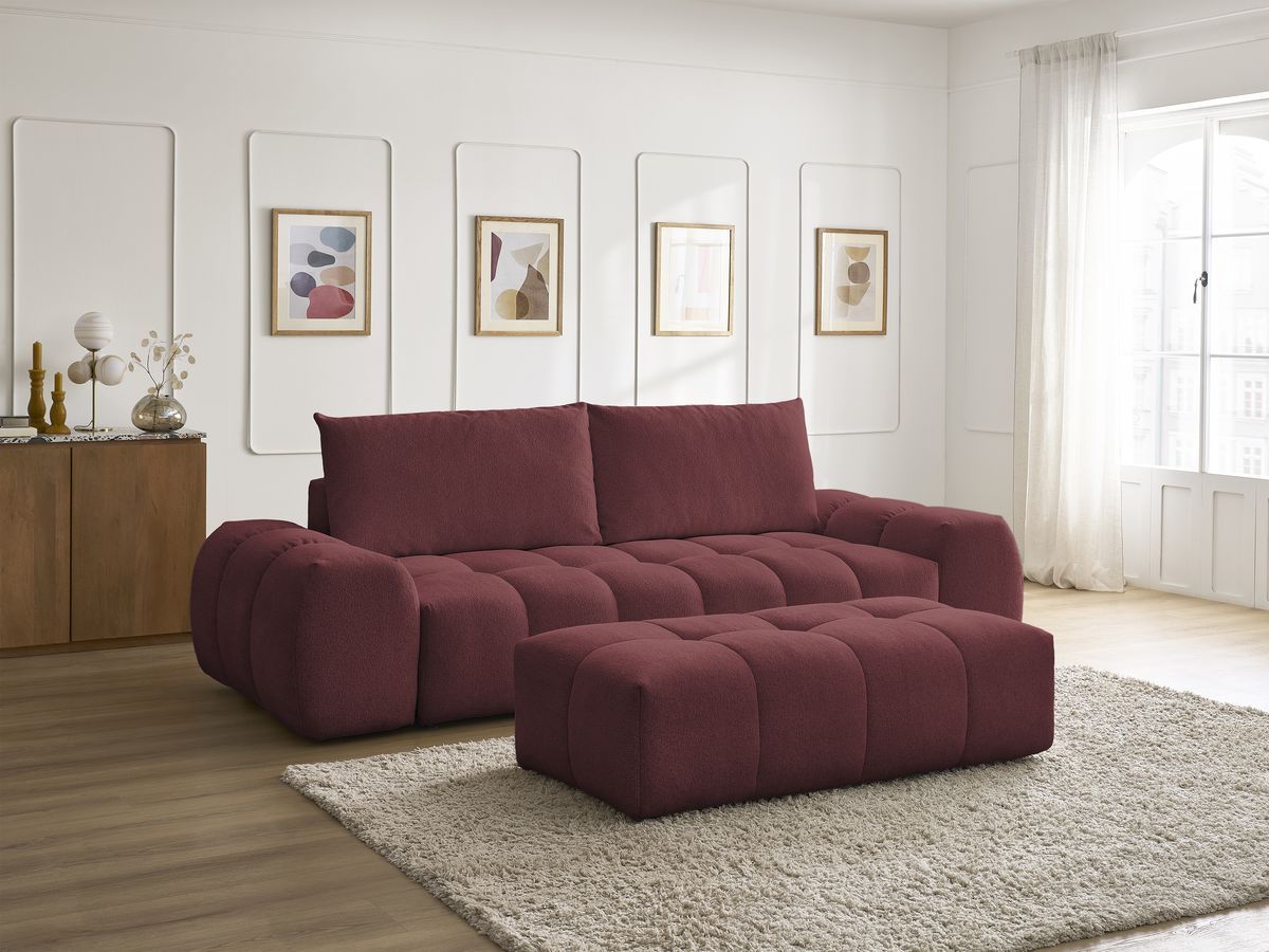 Bobochic Everest Schlafsofa 3-Sitzer mit Bettkasten und Pouf, 2 Kissen Melange-Stoff Rot