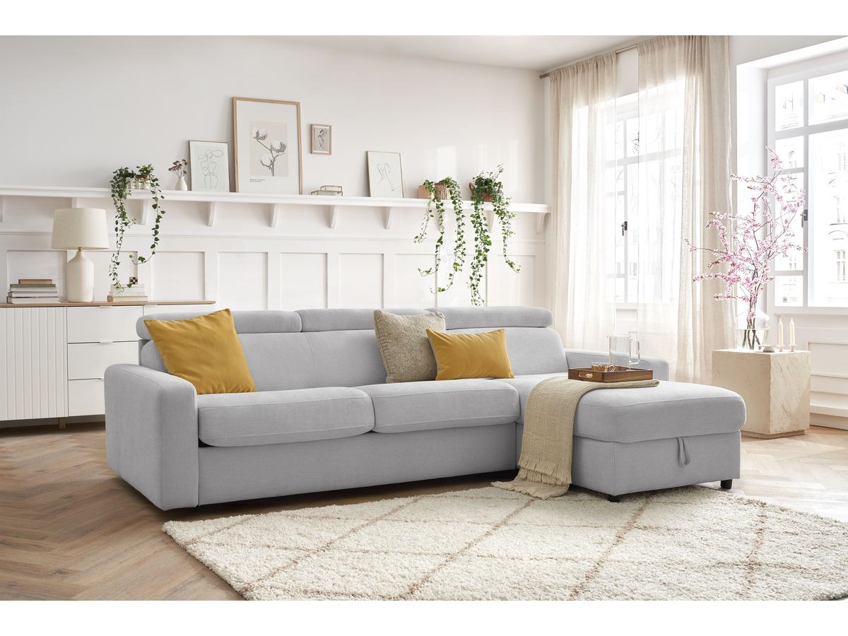 Bobochic Monaco Ecksofa mit Schlaffunktion und Bettkasten Stoff Hellgrau, Liegefläche 140 × 190 cm