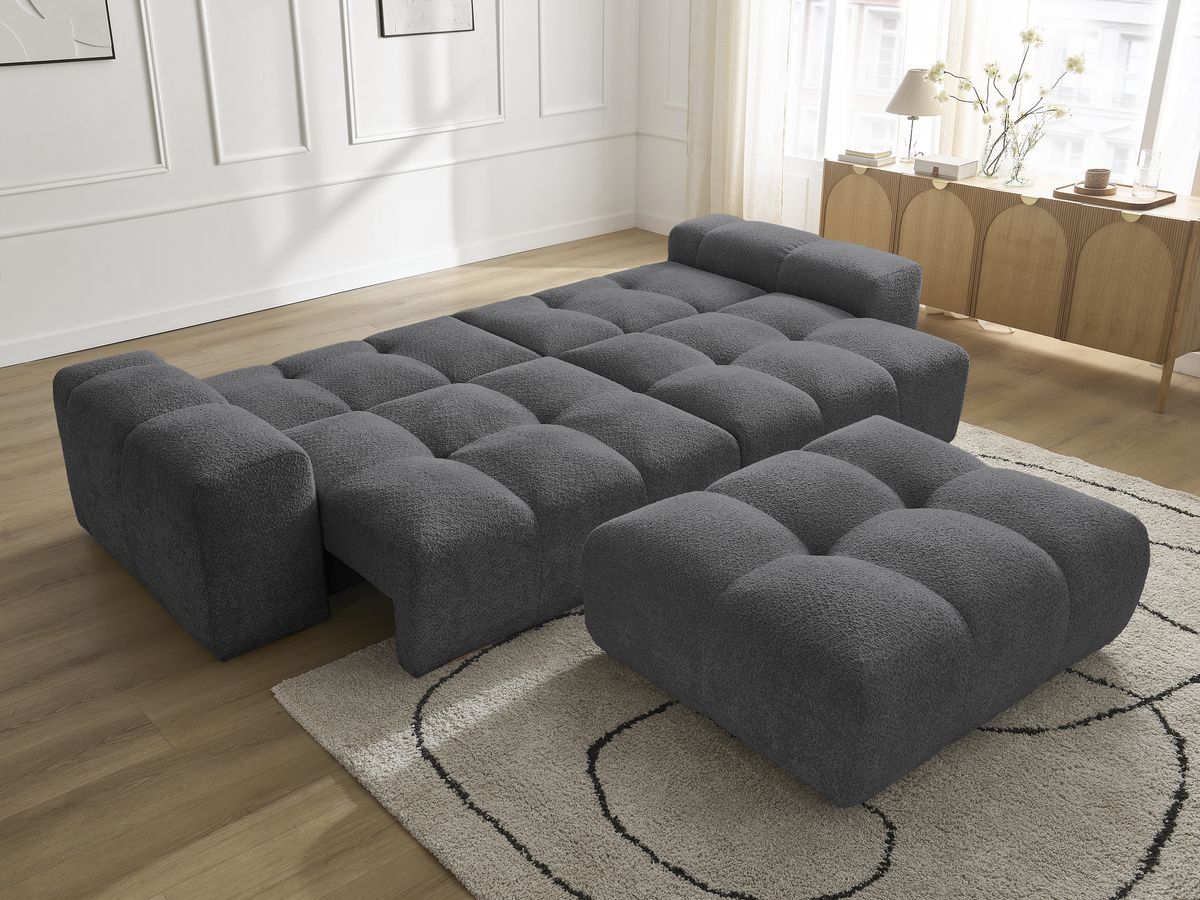 Bobochic Anakin Schlafsofa 3-Sitzer mit Bettkasten und Pouf, 2 Kissen Bouclé-Stoff Dunkelgrau