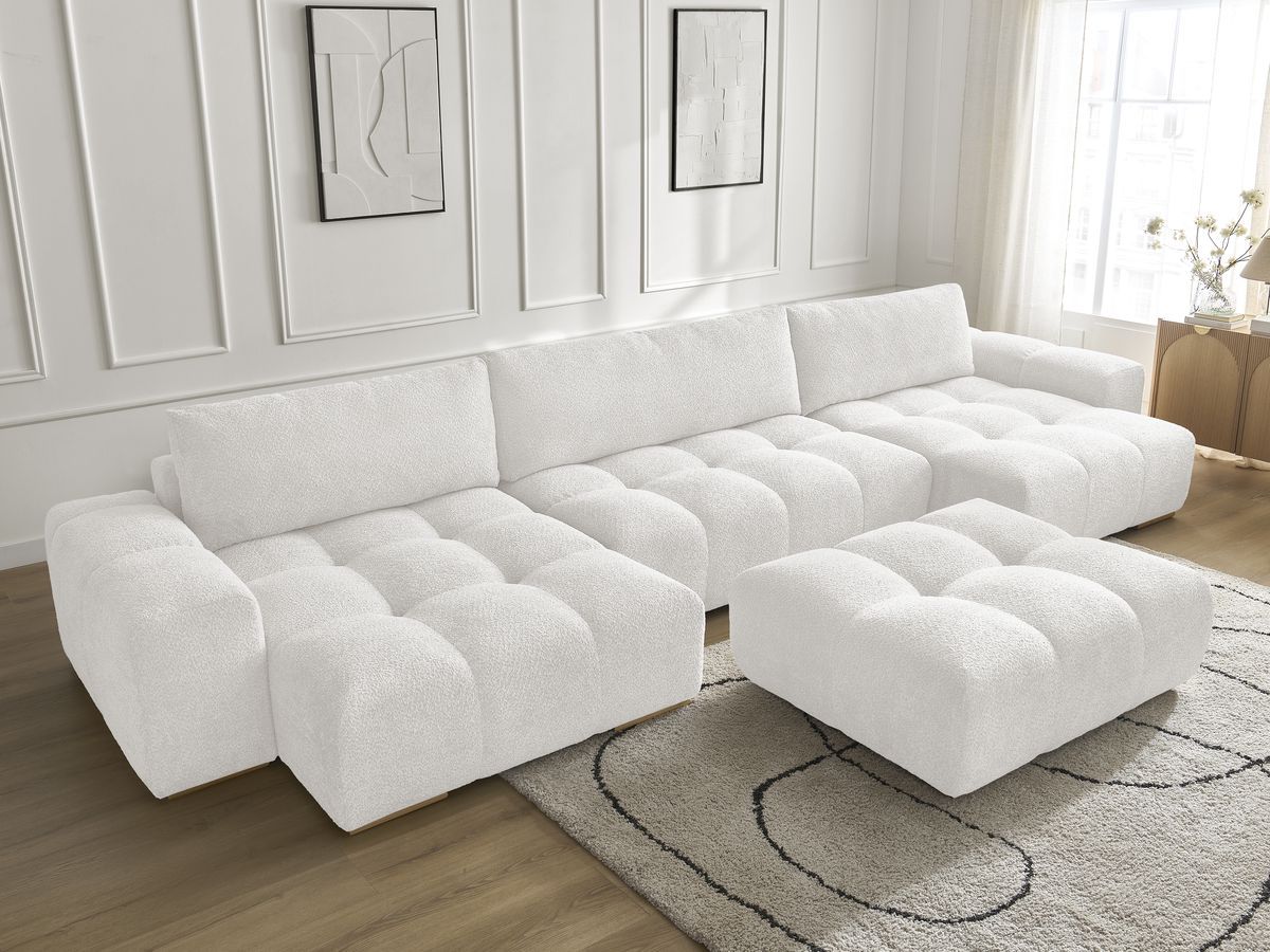 Bobochic Anakin Wohnlandschaft mit Pouf, 3 Kissen Bouclé-Stoff Weiß