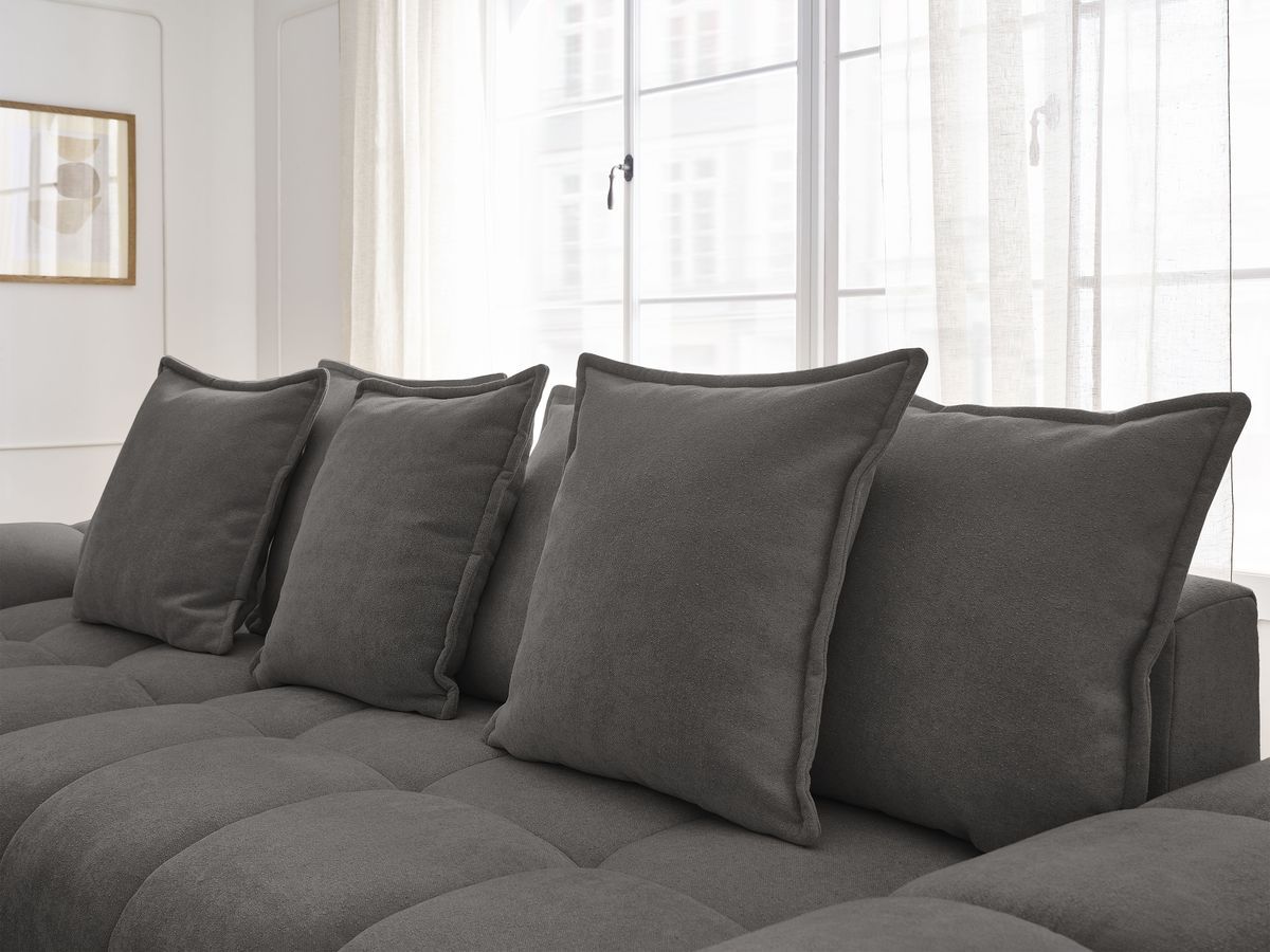 Bobochic Everest Ecksofa mit Schlaffunktion und Bettkasten und Pouf 318 × 180 cm, 7 Kissen Strukturstoff Dunkelgrau Ecke links