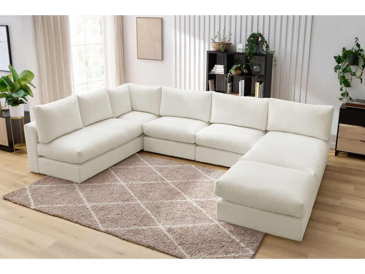 Bobochic Paris Ecksofa mit Pouf 369 × 262 cm Bouclé-Stoff Weiß