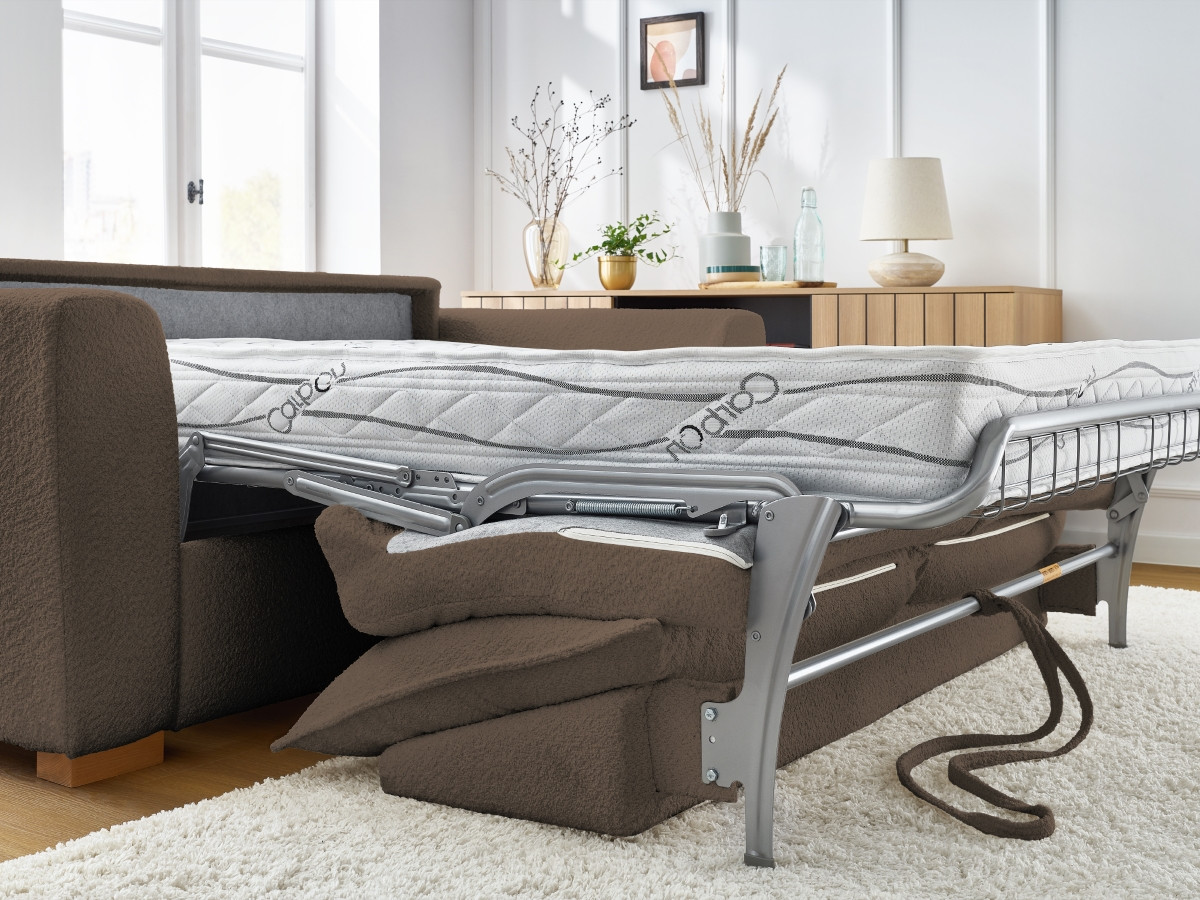 Bobochic Augustin Schlafsofa 3-Sitzer Bouclé-Stoff Braun, Liegefläche 140 × 200 cm