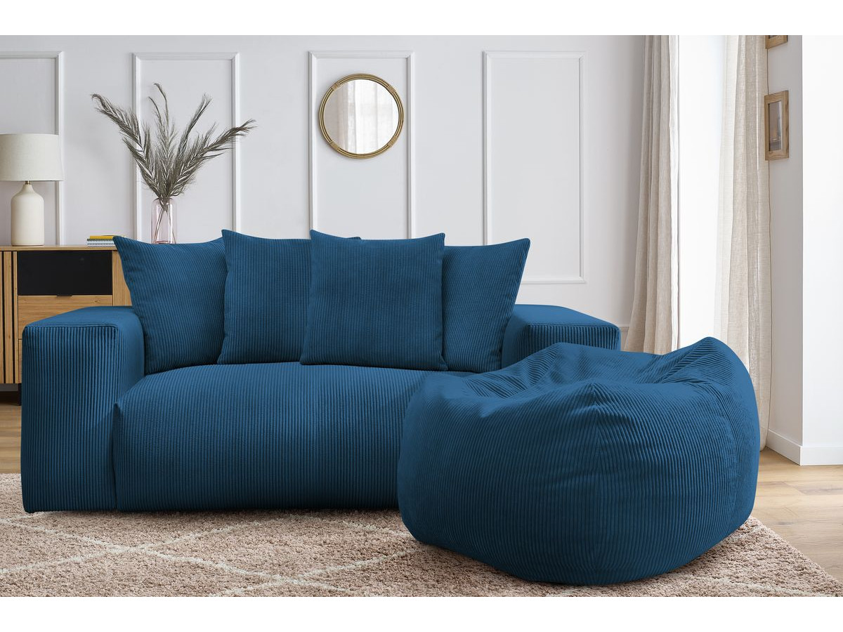 Bobochic Voltaire Sofa 2-Sitzer mit Pouf Cordsamt Dunkelblau