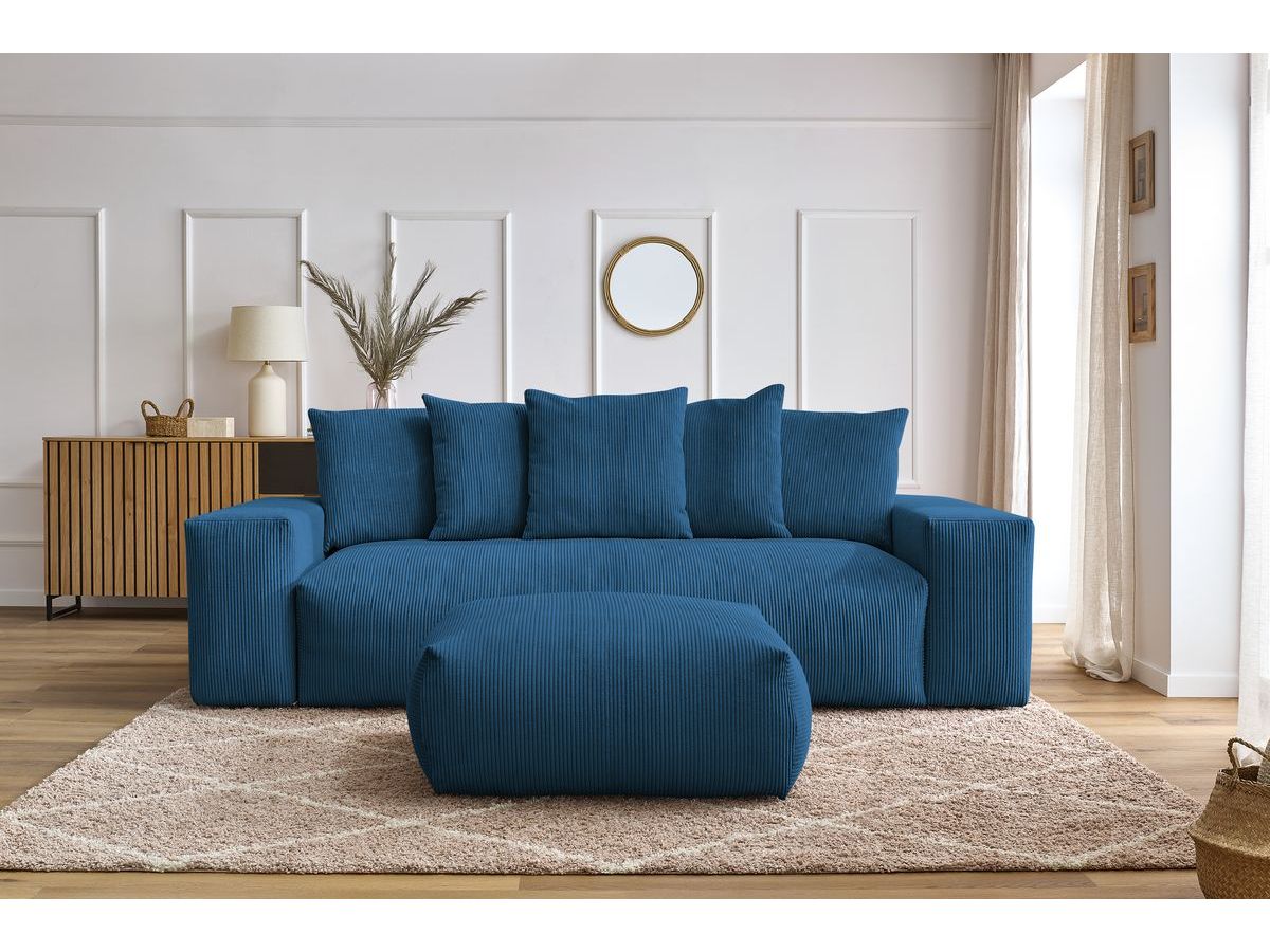 Bobochic Voltaire Schlafsofa 4-Sitzer mit Bettkasten und Pouf Cordsamt Dunkelblau