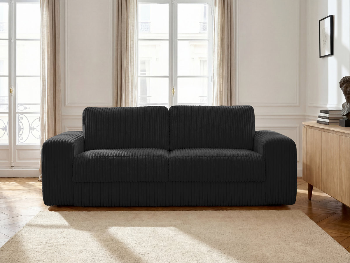Bobochic Ibiza Schlafsofa 3-Sitzer Cordsamt Schwarz, Liegefläche 160 × 196 cm