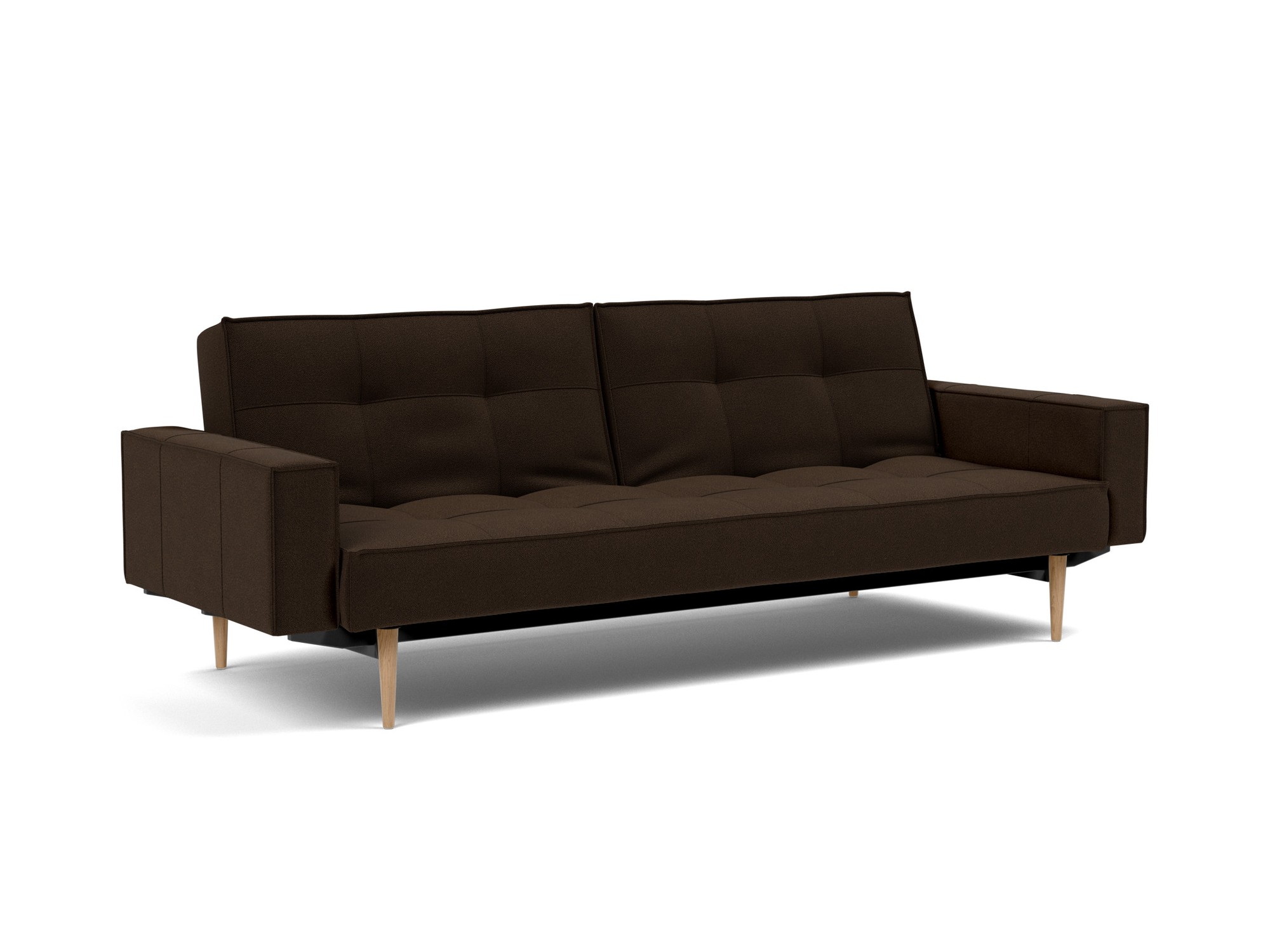 Schlafsofa Splitback mit Armlehnen Strukturierter Stoff Taura 358-Chocco Beine Styletto Eiche hell