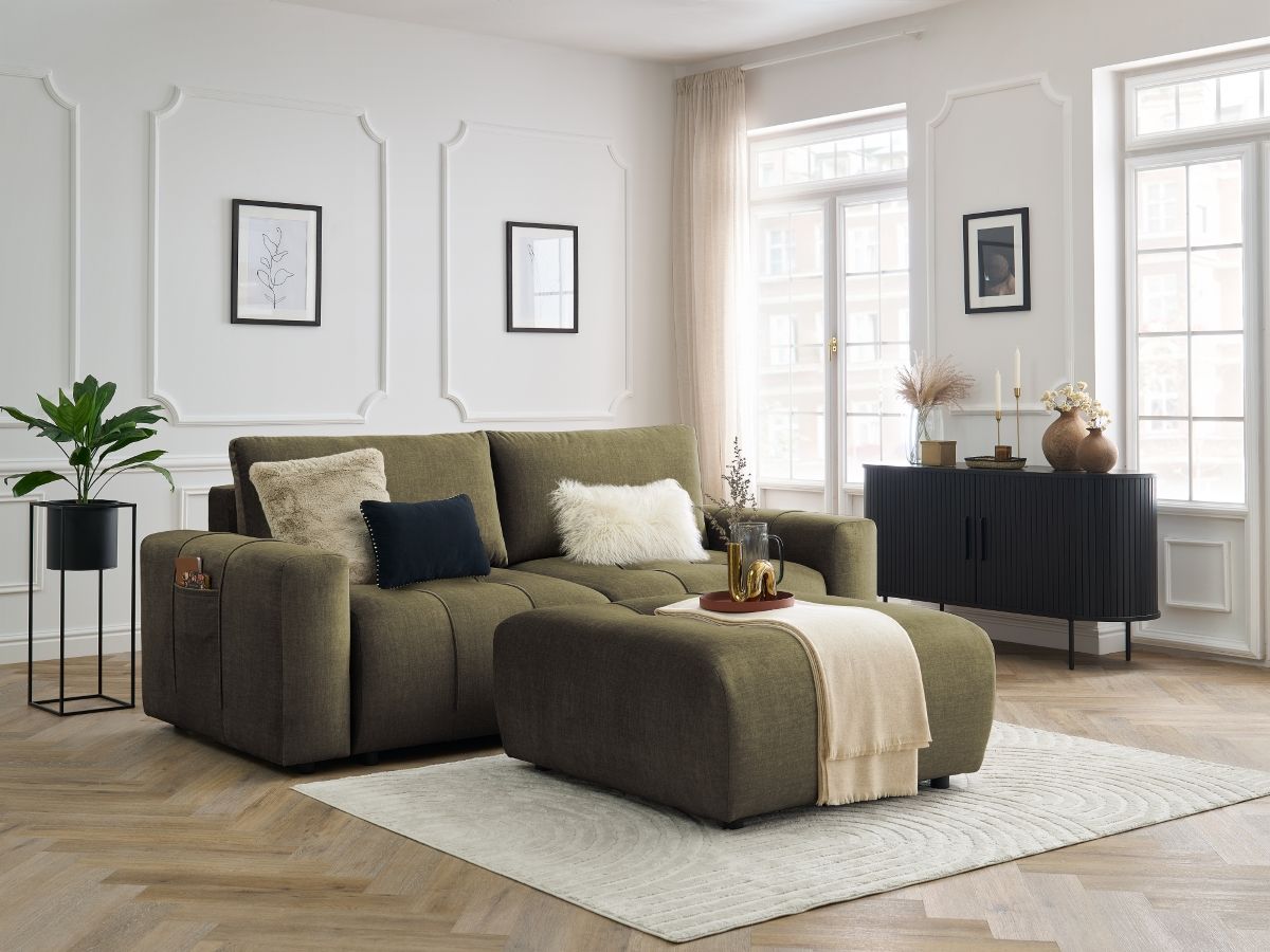 Bobochic Arsene Schlafsofa 4-Sitzer mit Bettkasten und Pouf Samt Grün