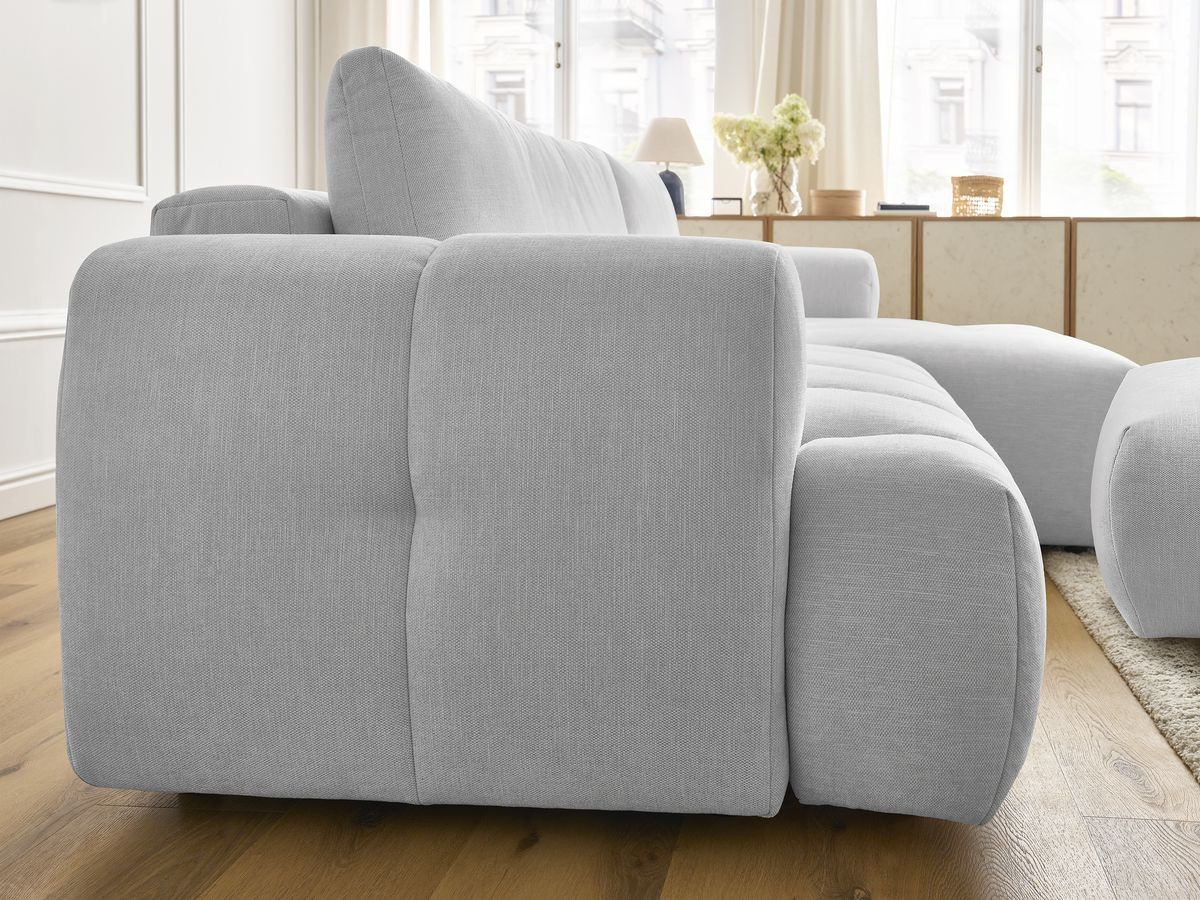 Bobochic Fuji Ecksofa mit Schlaffunktion und Bettkasten und Pouf 292 × 160 cm Stoff Hellgrau Ecke rechts