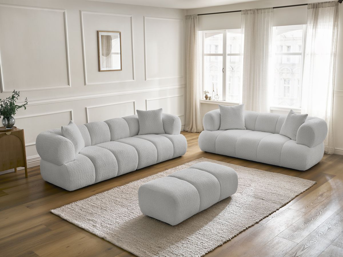 Bobochic Pamira Sofa 5-Sitzer mit Pouf Bouclé-Stoff Hellgrau